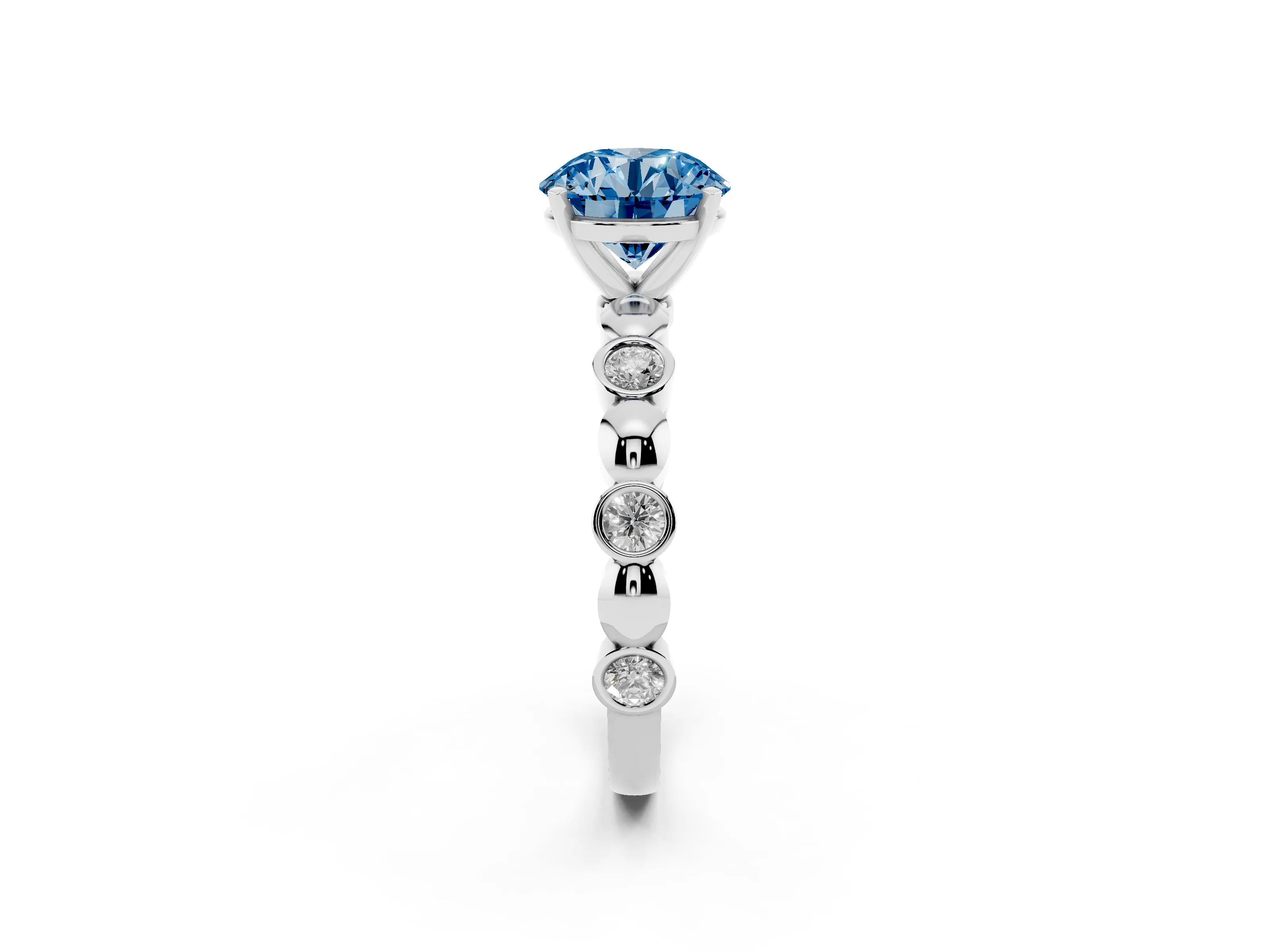 Fancy Blue Round Cut Diamond Solitaire Ring Set in Silver with Bezel-Set Accents on Beaded Band and Prong Setting