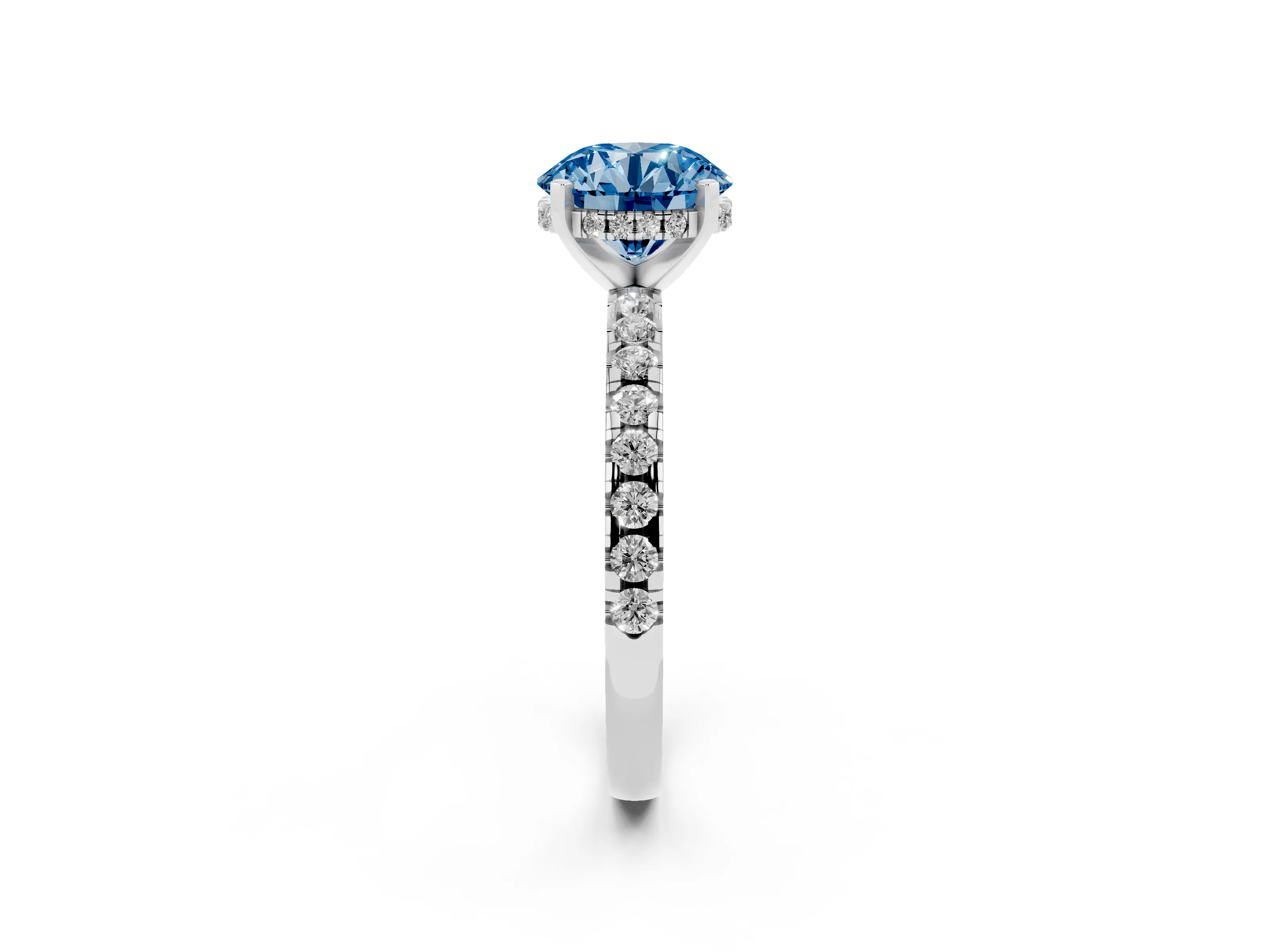 Fancy Blue Round Cut Diamond Pavé Solitaire Ring Set in Platinum with Round Band Accents and Prong Setting