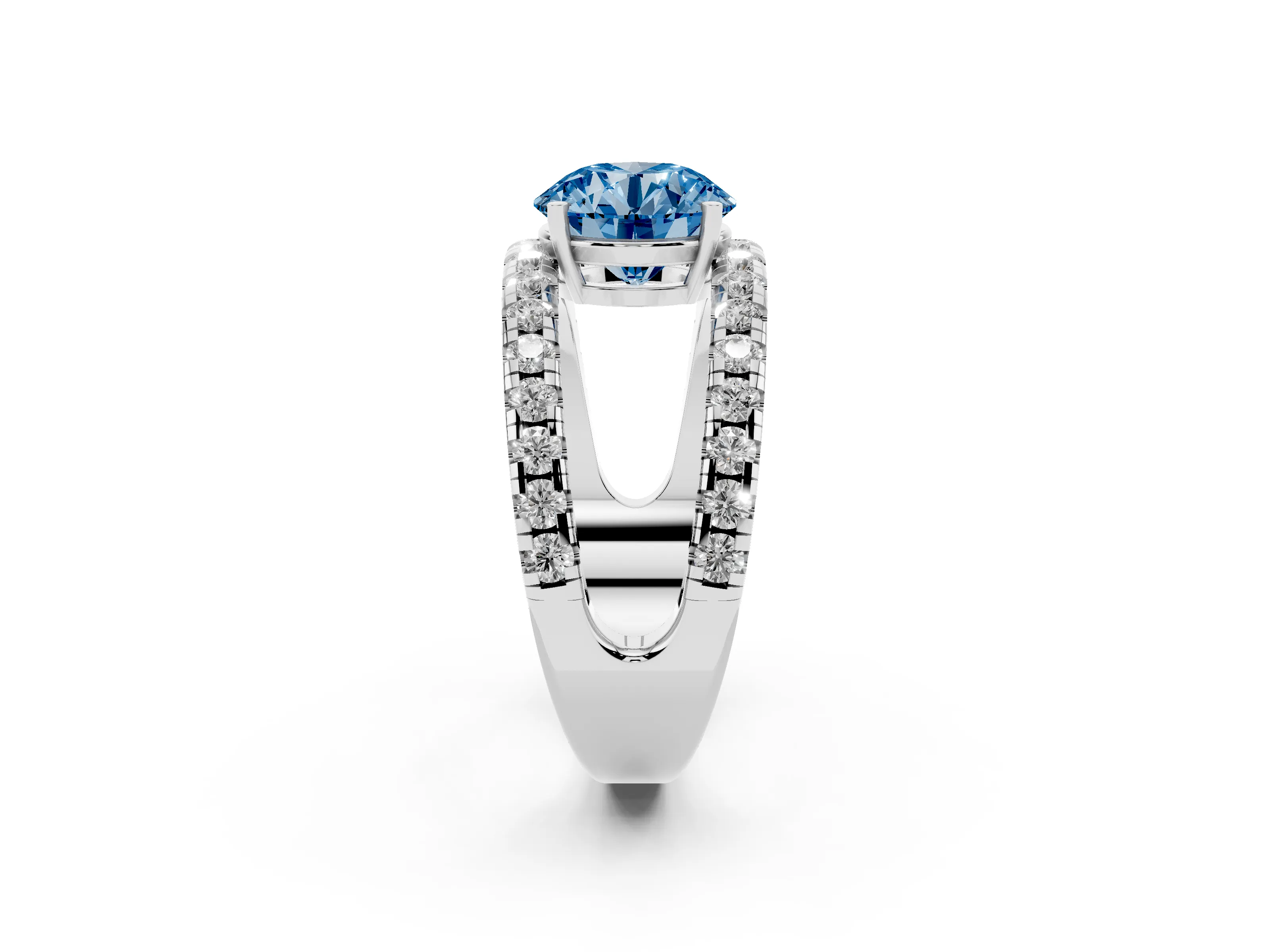 Fancy Blue Round Cut Diamond Split Shank Pavé Solitaire Ring Set in Silver with Open Shank Design