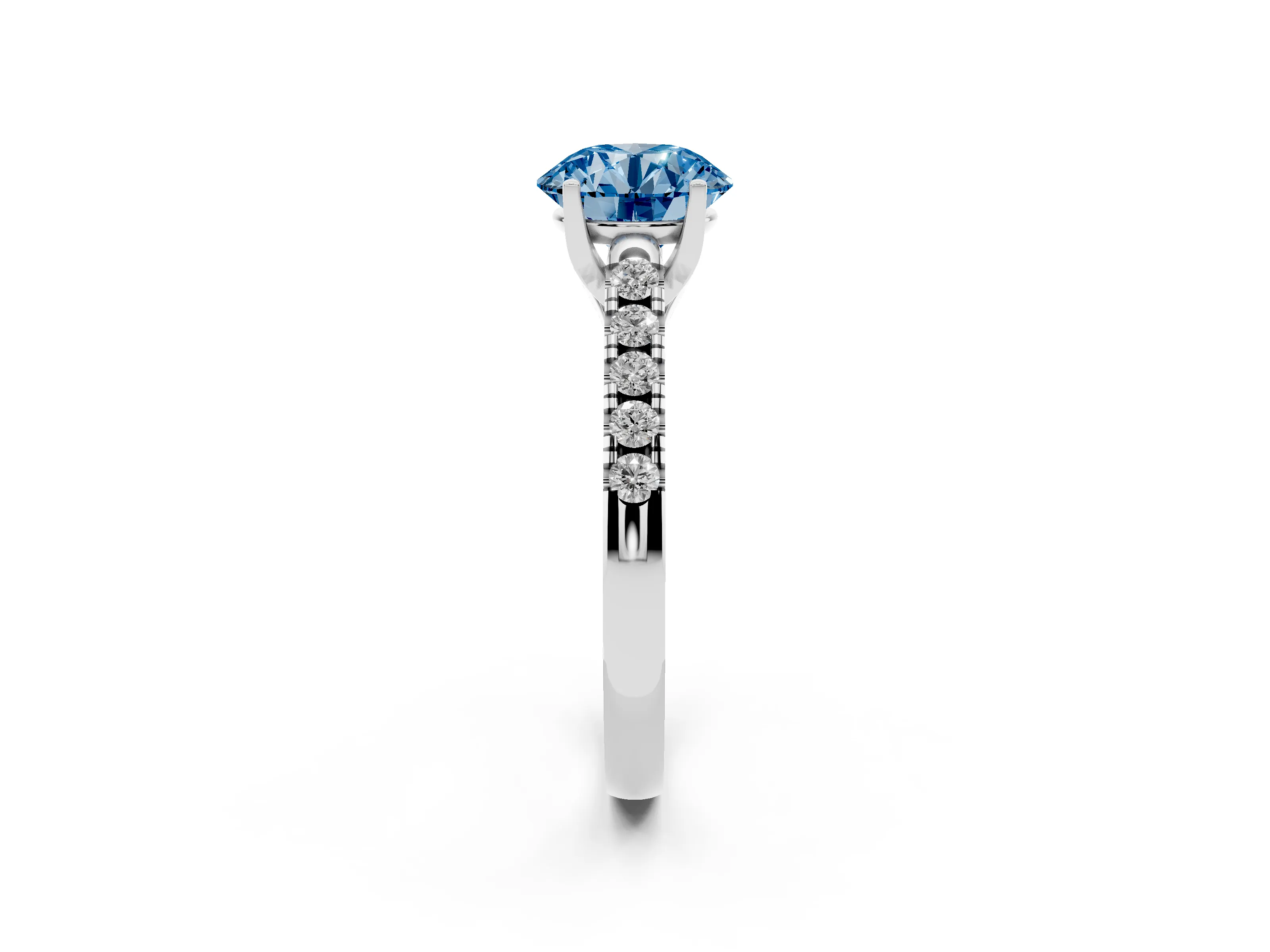 Fancy Blue Round Cut Diamond Pavé Band Solitaire Ring Set in White gold with Partway Accent Stones and Prong Setting
