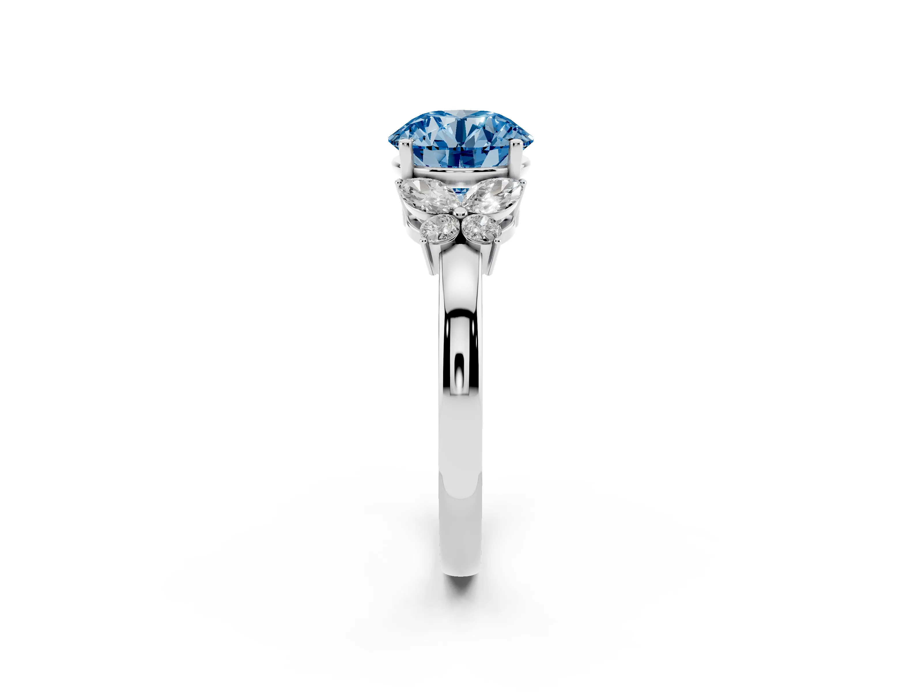 Fancy Blue Round Cut Diamond Solitaire Floral Ring Set in Silver with Marquise Petals and Prong Setting