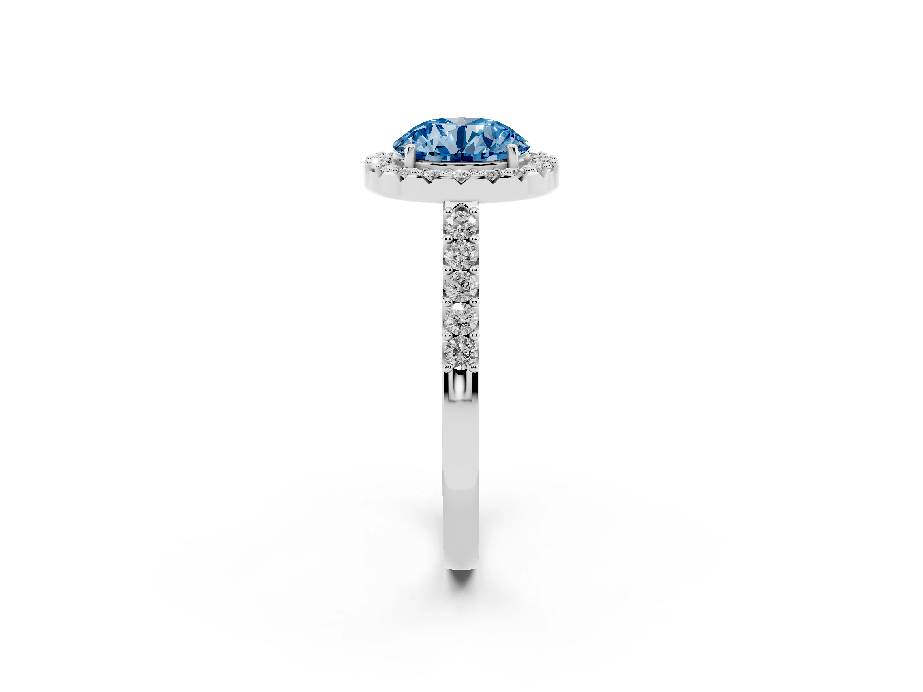 Fancy Blue Round Cut Diamond Halo Pavé Solitaire Ring Set in White gold with Prong-Set Center Stone