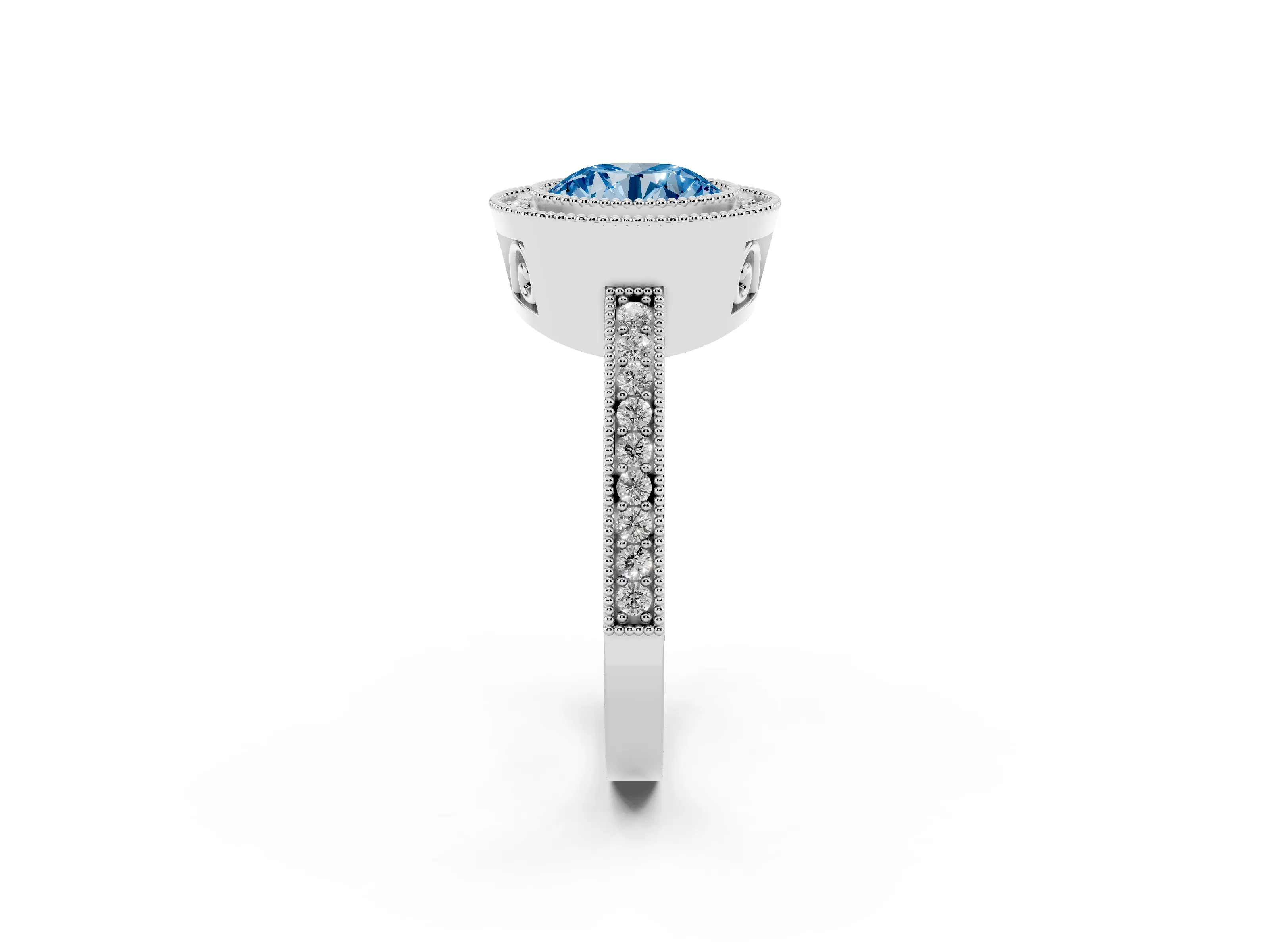 Fancy Blue Round Cut Diamond Round Halo Ring Set in White gold with Pavé Band