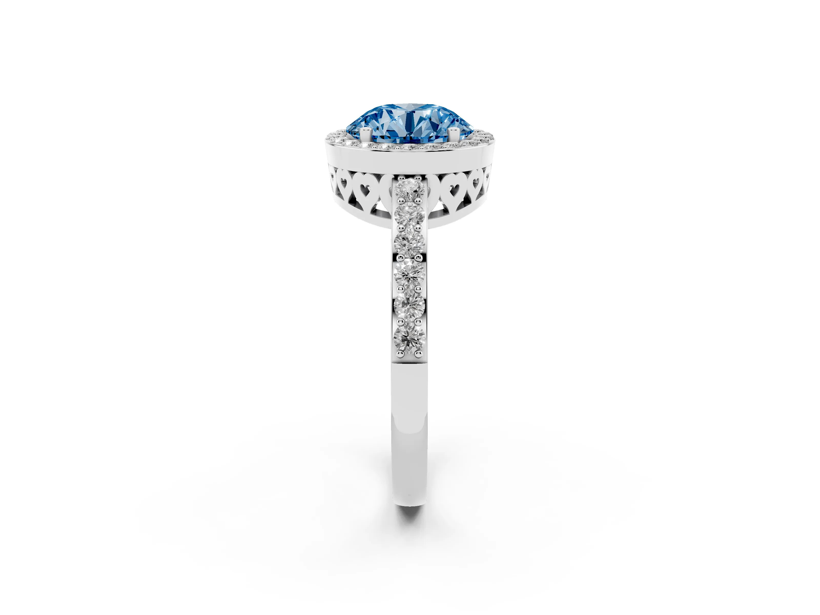 Fancy Blue Round Cut Diamond Halo Ring Set in Platinum with Pavé-Setting Band and Open Prong Center