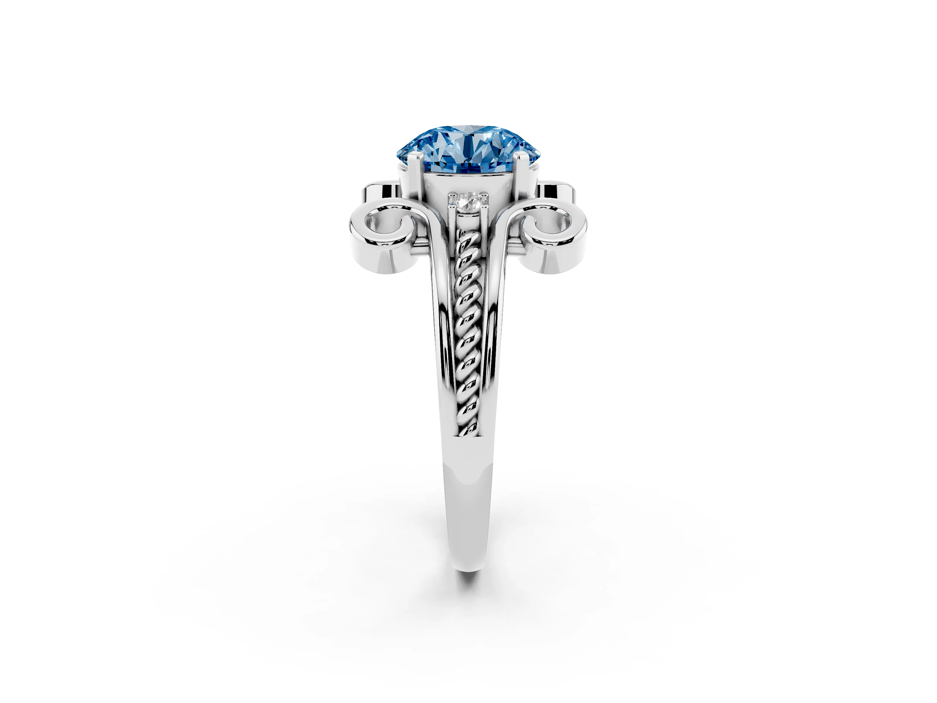 Fancy Blue Round Cut Diamond Twisted Band Solitaire Ring Set in White gold with Scroll Prongs