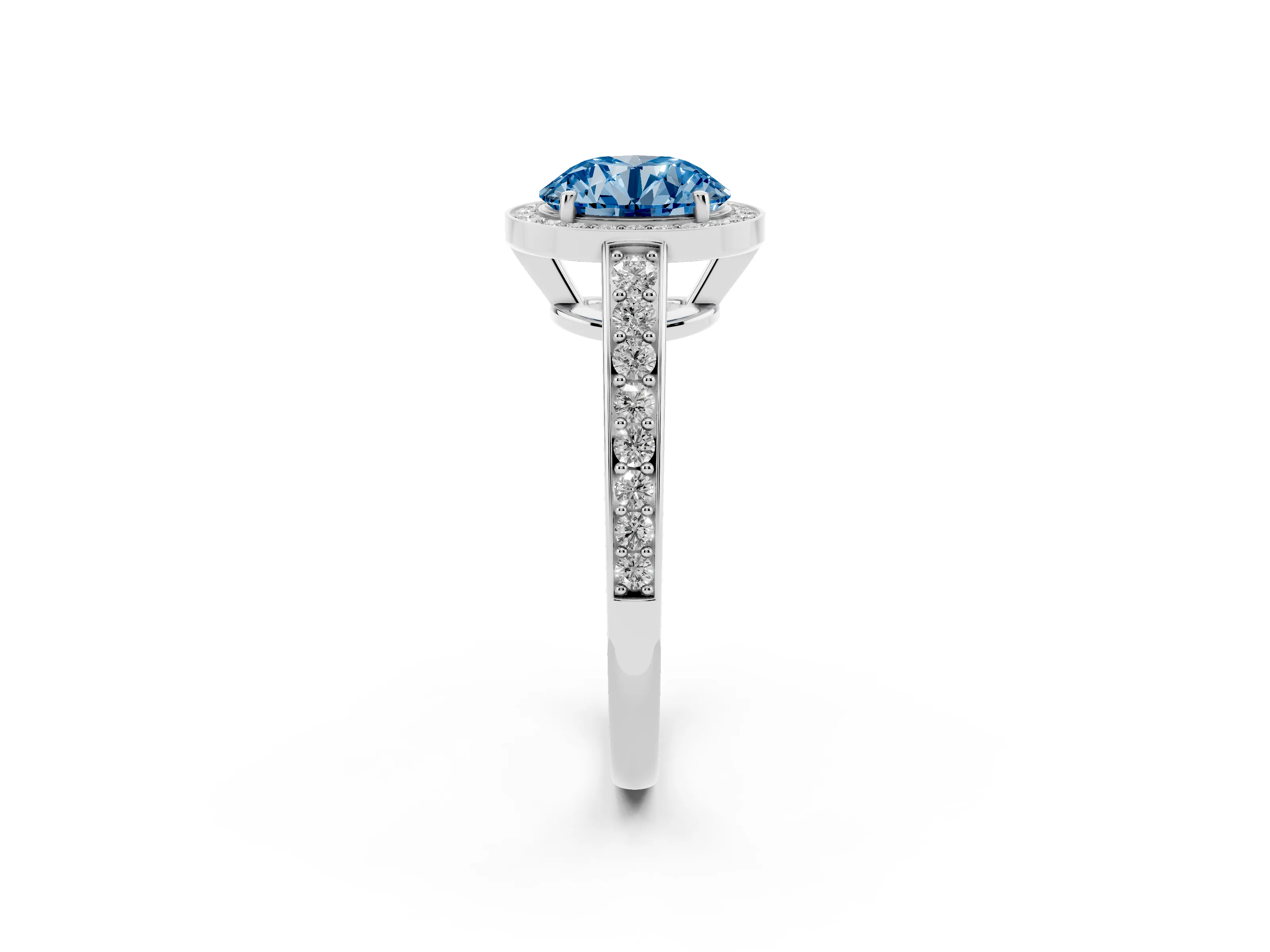 Fancy Blue Round Cut Diamond Halo Pavé Engagement Ring Set in Silver with Bezel Setting