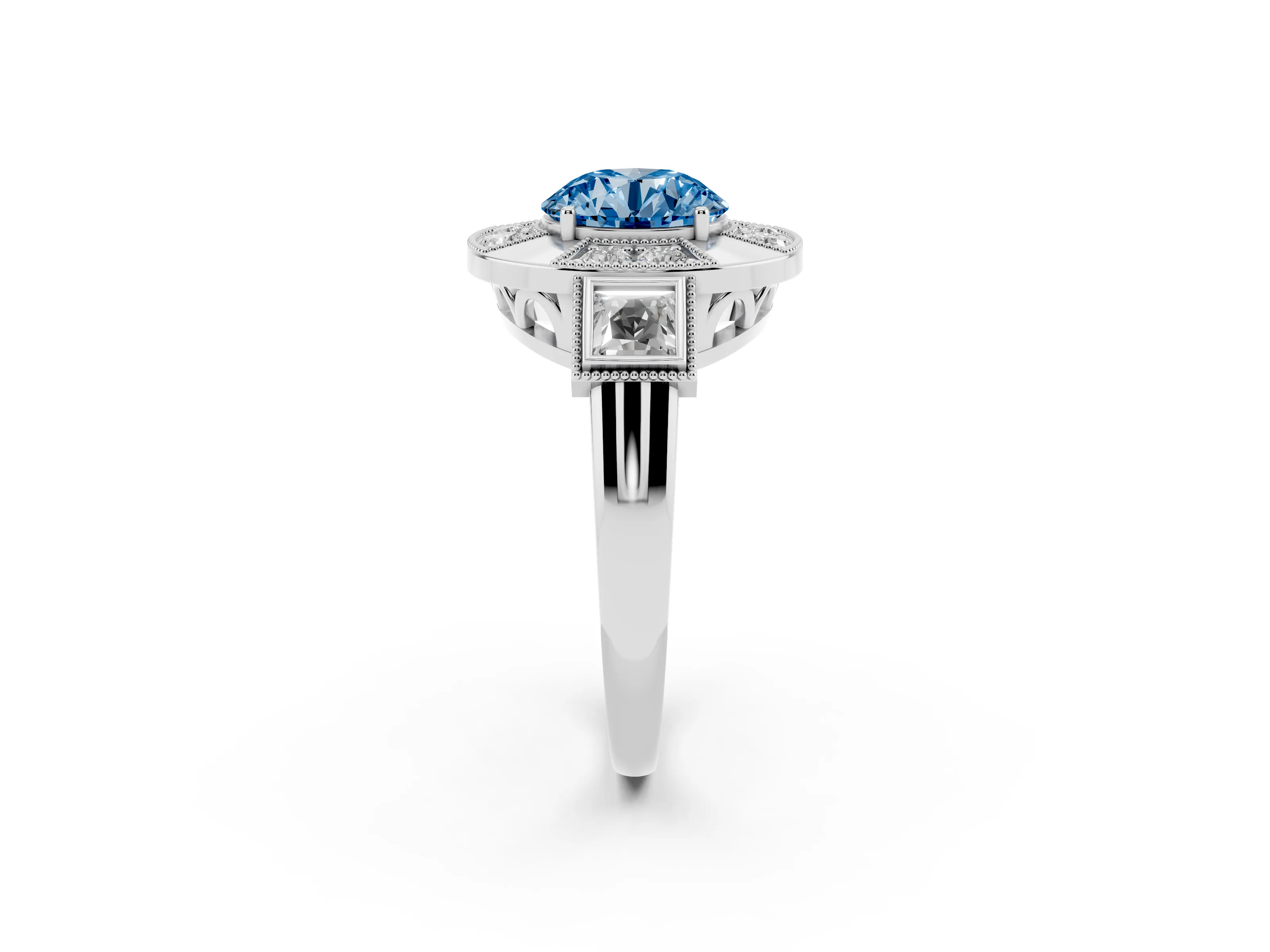 Fancy Blue Round Cut Diamond Milgrain Halo Ring Set in Silver with Split Shank