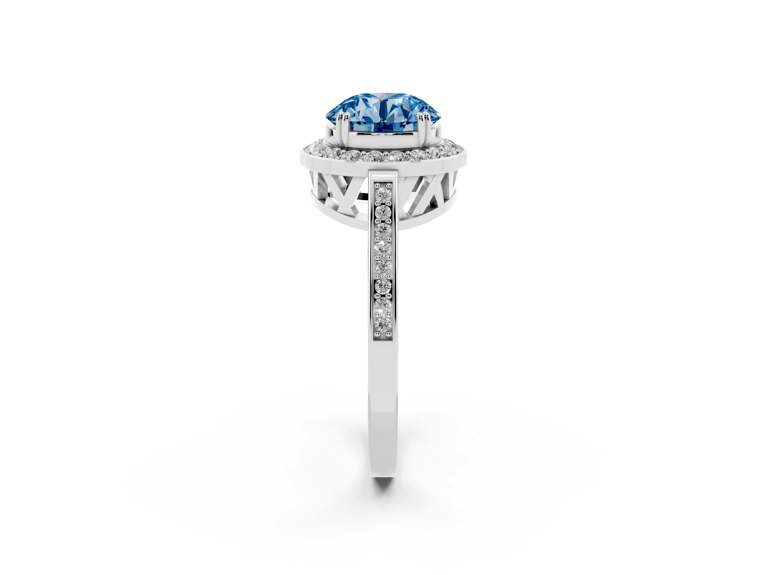 Fancy Blue Round Cut Diamond Halo Ring Set in Silver with Accent-Lined Split Shank and Prong Setting