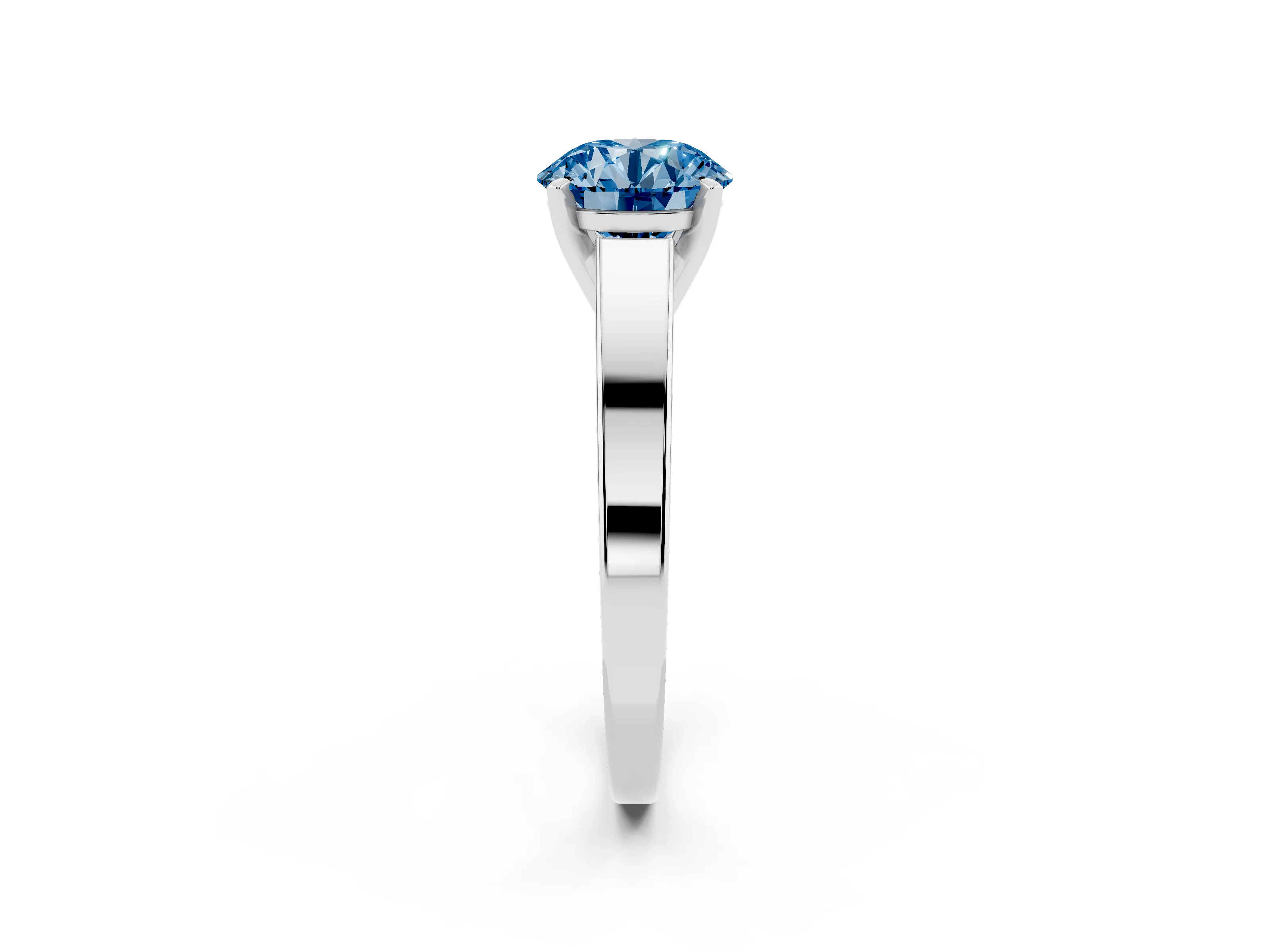 Fancy Blue Round Cut Diamond Solitaire Engagement Ring Set in White gold with Prong Setting and Tapered Band