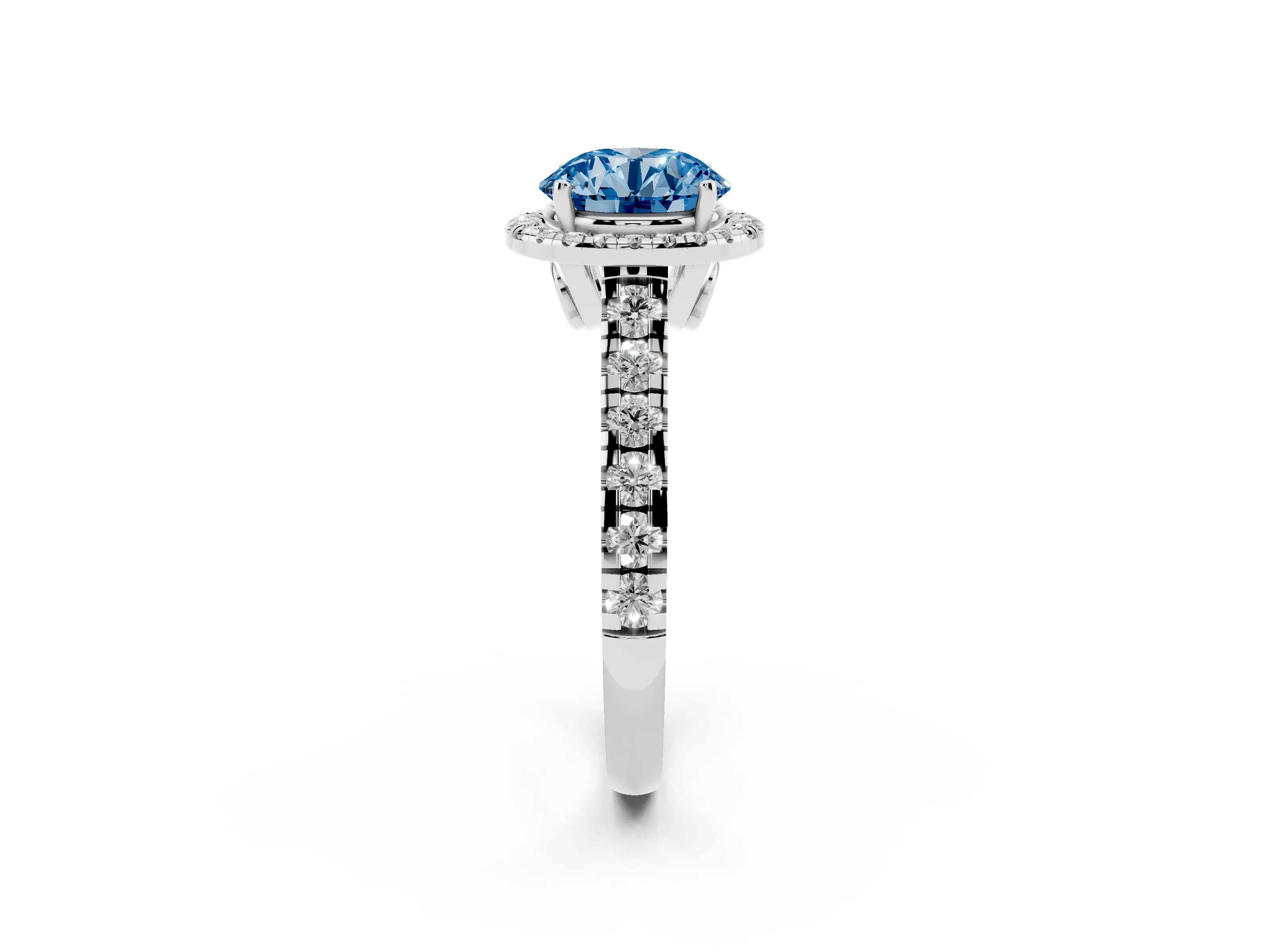 Fancy Blue Round Cut Diamond Halo Engagement Ring Set in Platinum with Pavé Band and Prong-Set Center