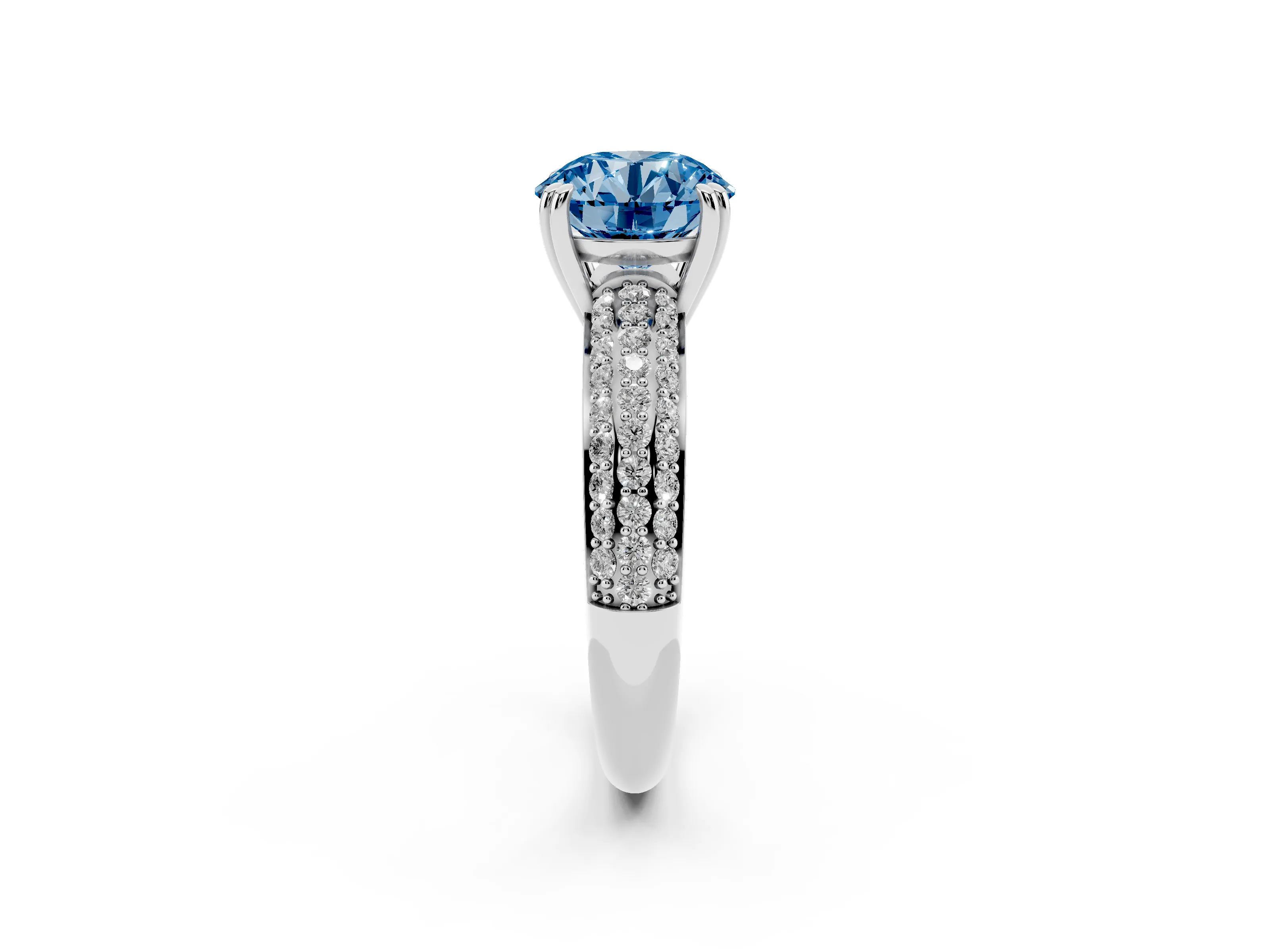 Fancy Blue Round Cut Diamond Solitaire Ring Set in Platinum with Multi-Row Round Pavé Band and Prong Setting
