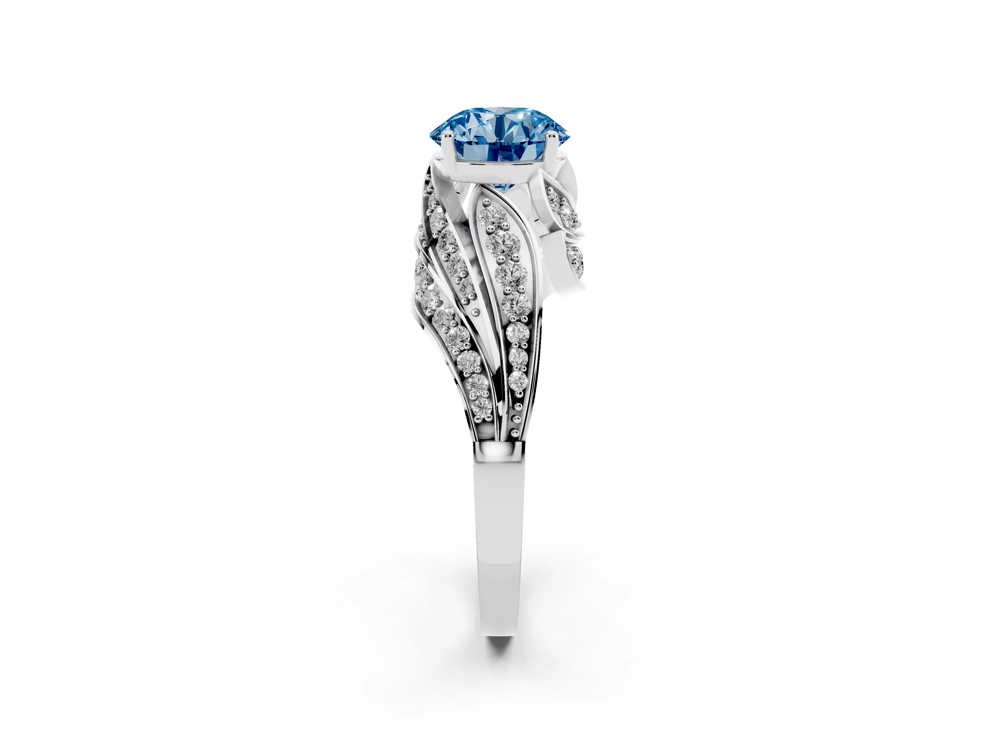 Fancy Blue Round Cut Diamond Solitaire Ring Set in Silver with Layered Twist Pavé Band