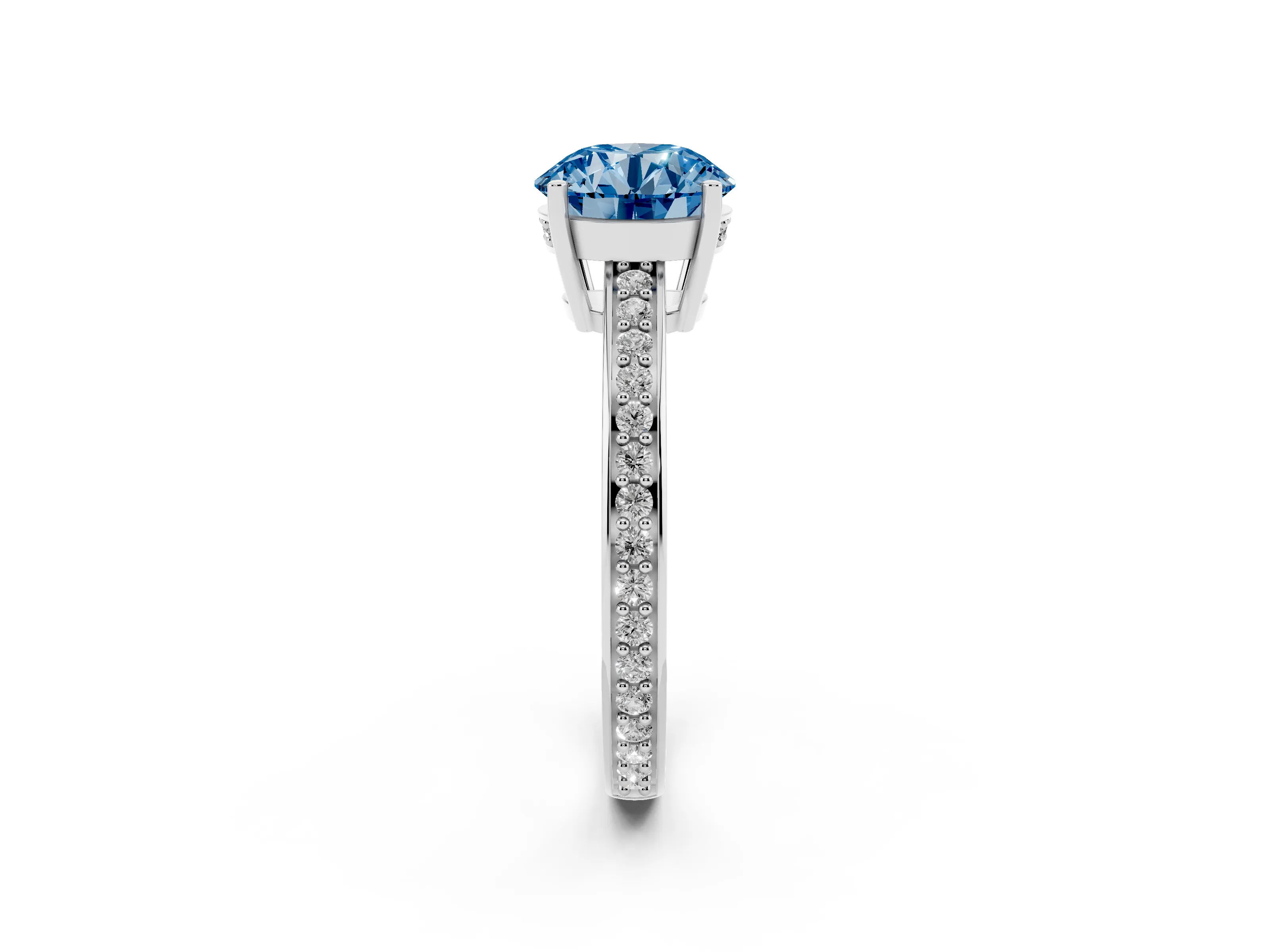 Fancy Blue Round Cut Diamond Pavé Band Prong Set Solitaire Ring Set in Platinum