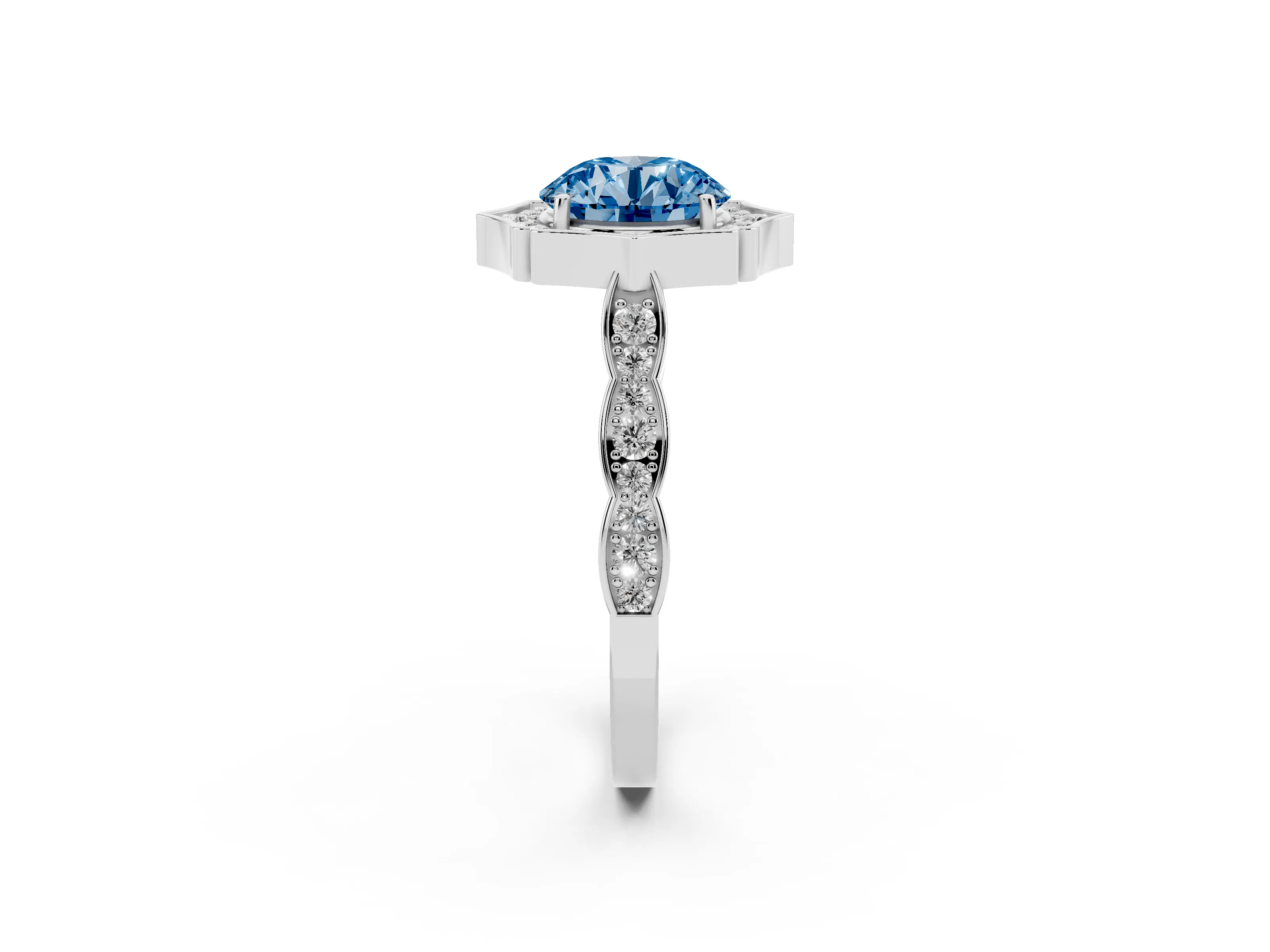Fancy Blue Round Cut Diamond Halo Engagement Ring Set in White gold with Milgrain Band and Prong Setting