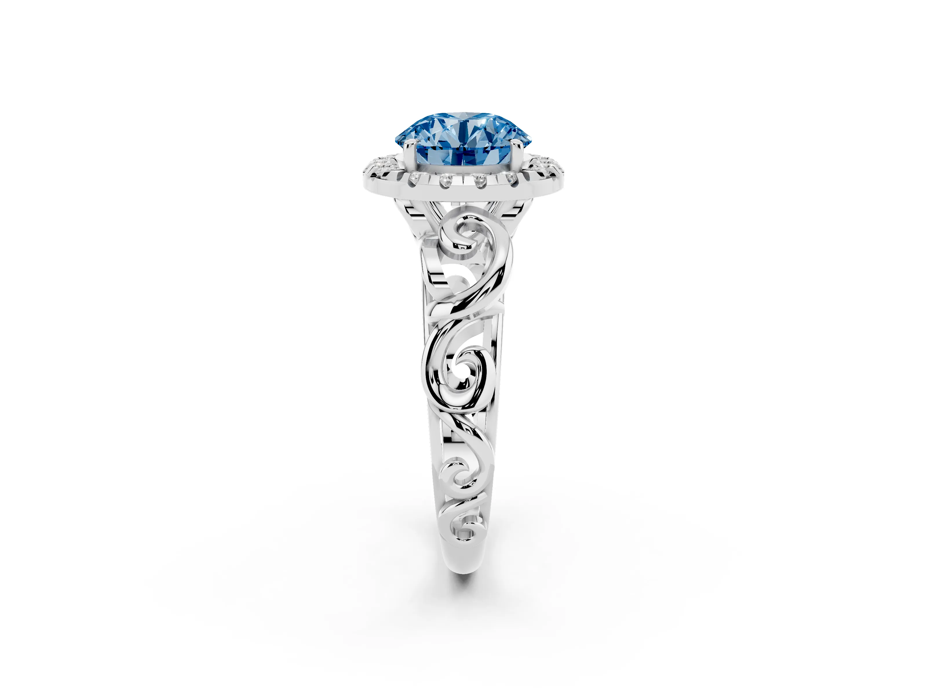 Fancy Blue Round Cut Diamond Halo Ring Set in White gold with Scrollwork Band and Prong Setting