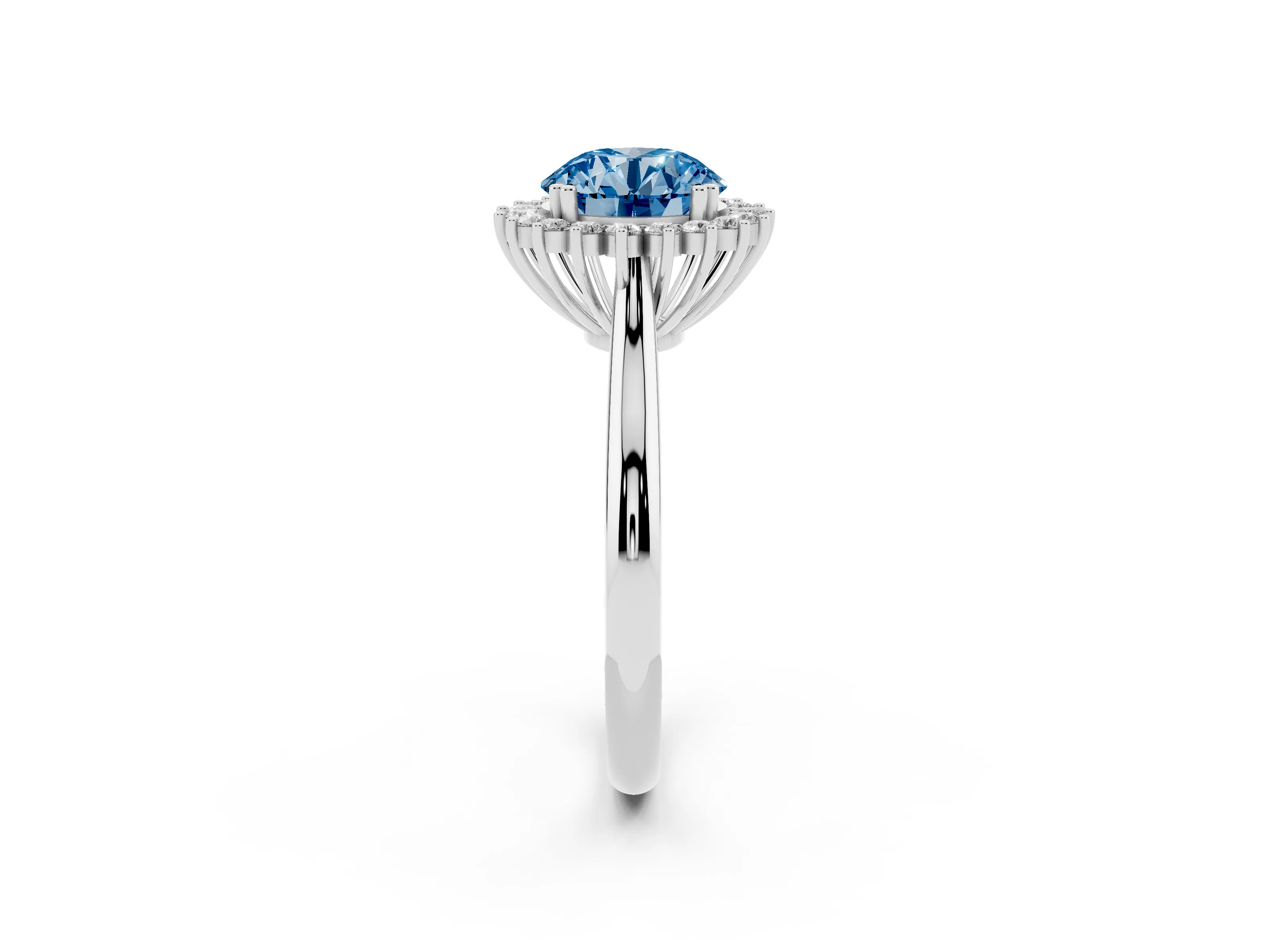 Fancy Blue Round Cut Diamond Halo Ring Set in Platinum with Plain Solitaire Band and Prong Setting
