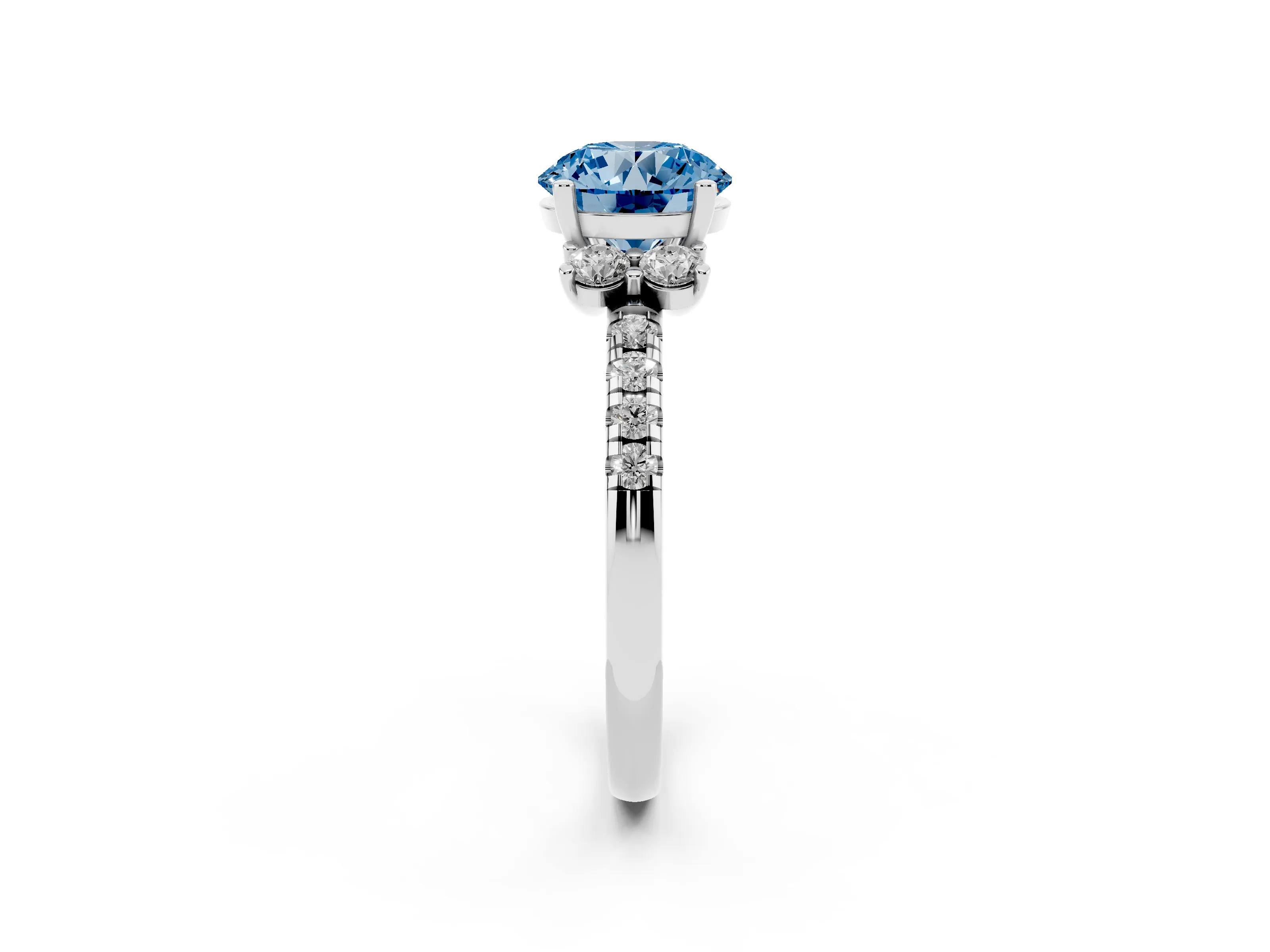 Fancy Blue Round Cut Diamond Three-Stone Pavé Ring Set in White gold with Prong Setting