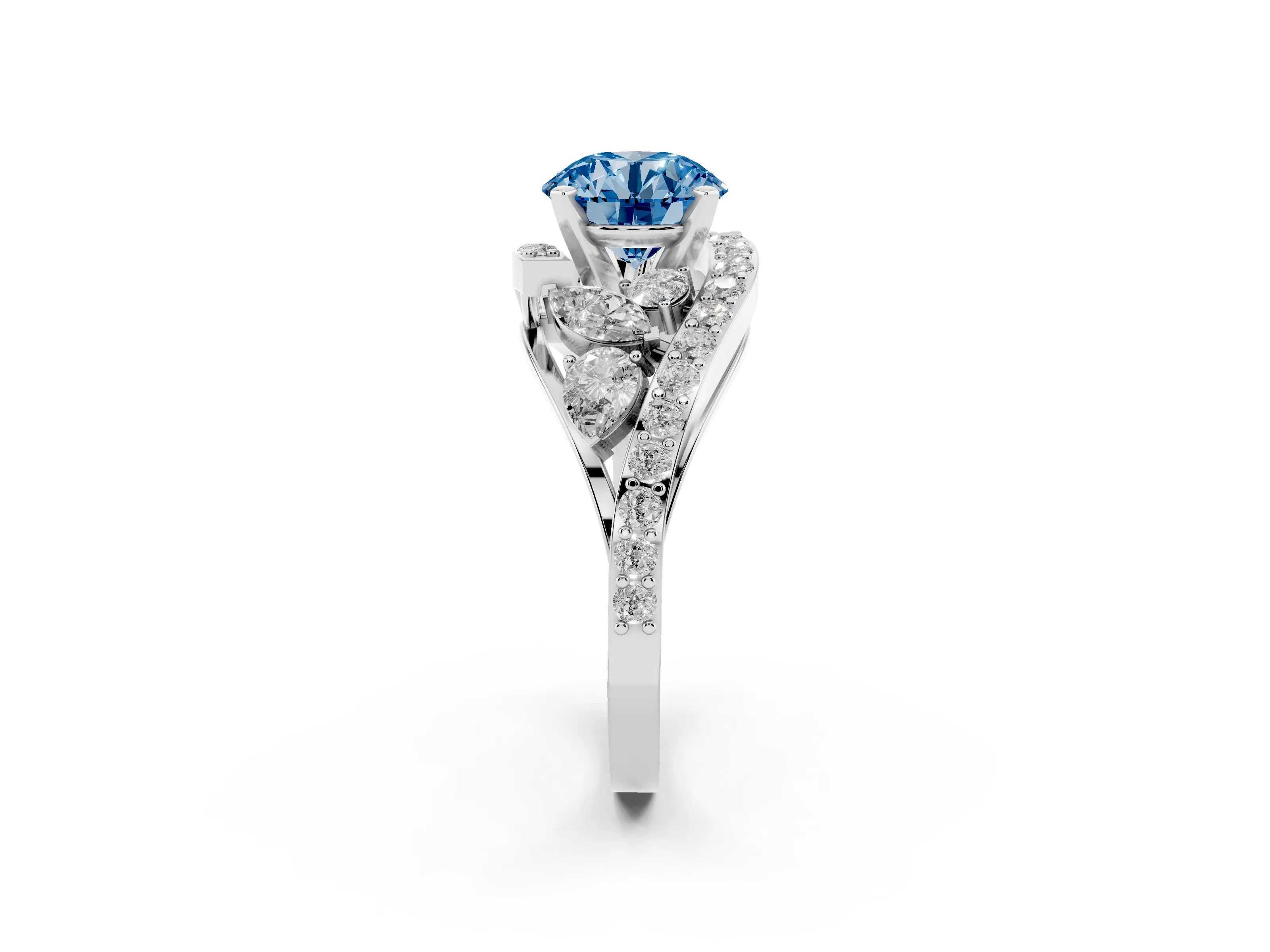 Fancy Blue Round Cut Diamond Halo Ring Set in Platinum with Marquise and Pavé Band in Prong Setting
