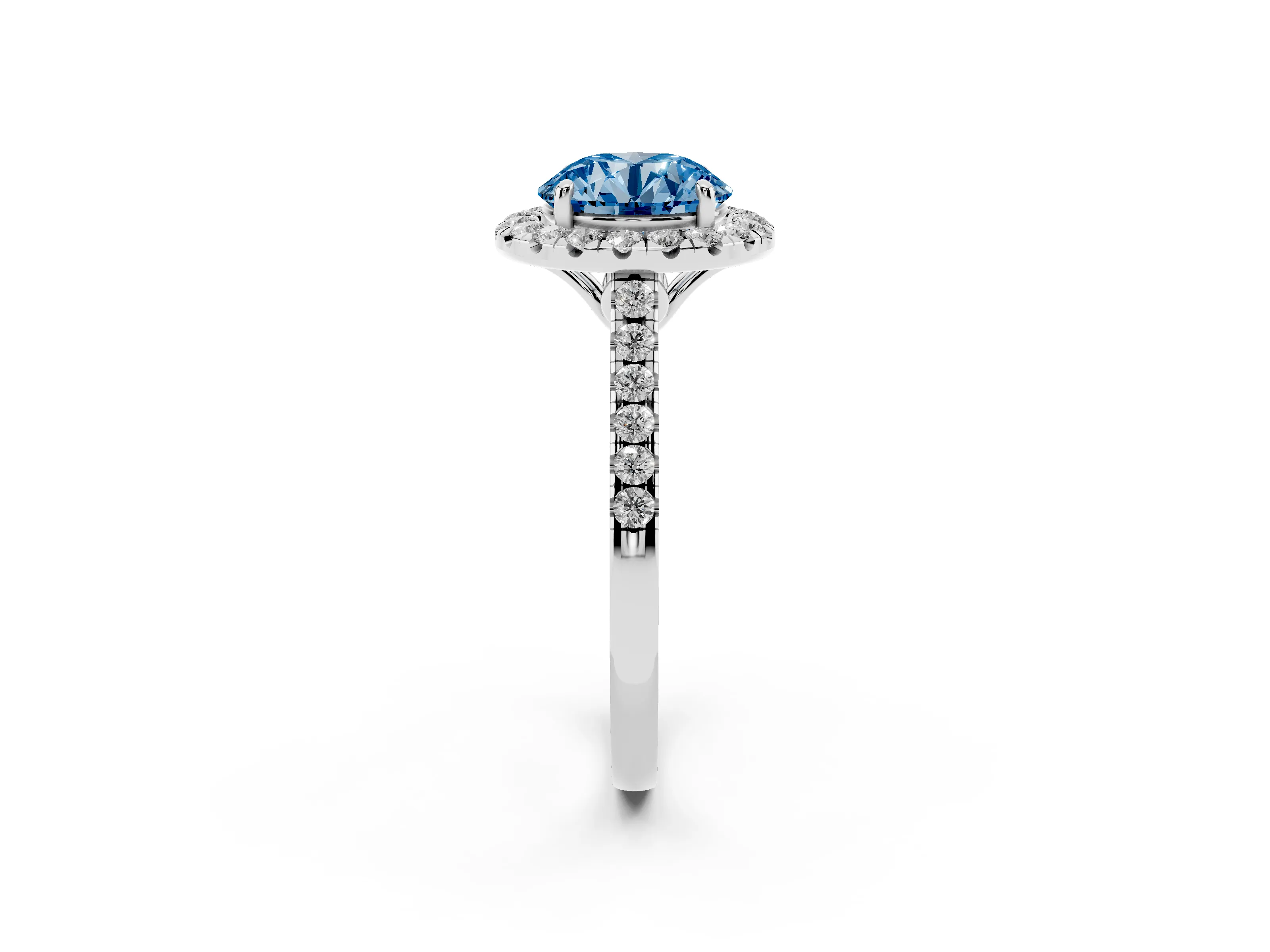 Fancy Blue Round Cut Diamond Pavé Halo Engagement Ring Set in Silver with Pavé Band and Prong Setting