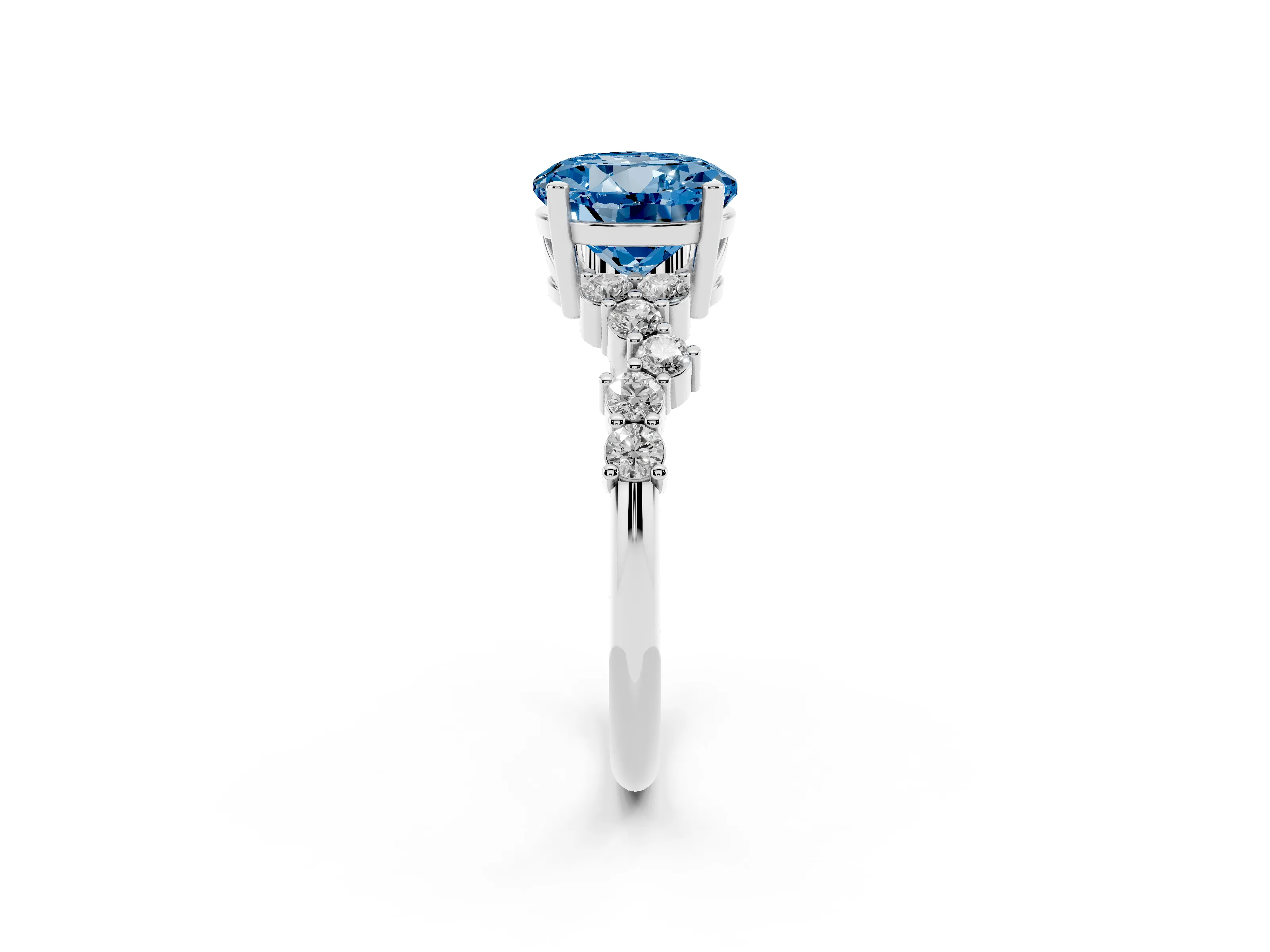 Fancy Blue Round Cut Diamond Ring Set in White gold with Scattered Round Accents