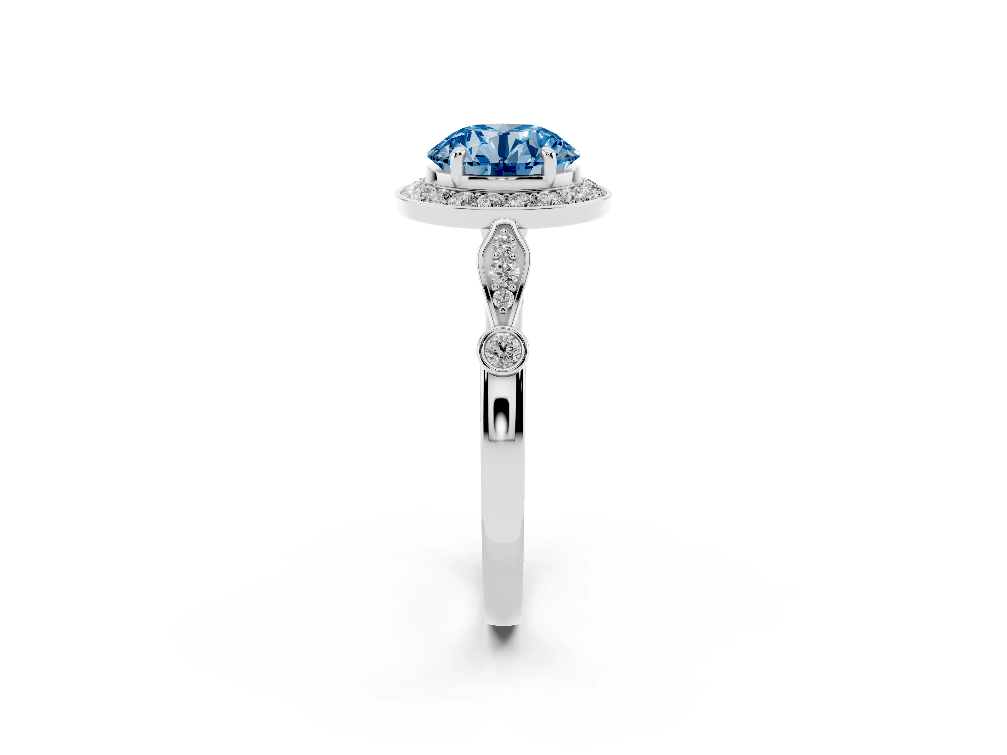 Fancy Blue Round Cut Diamond Halo Engagement Ring Set in Platinum with Twisted Band and Prong Setting