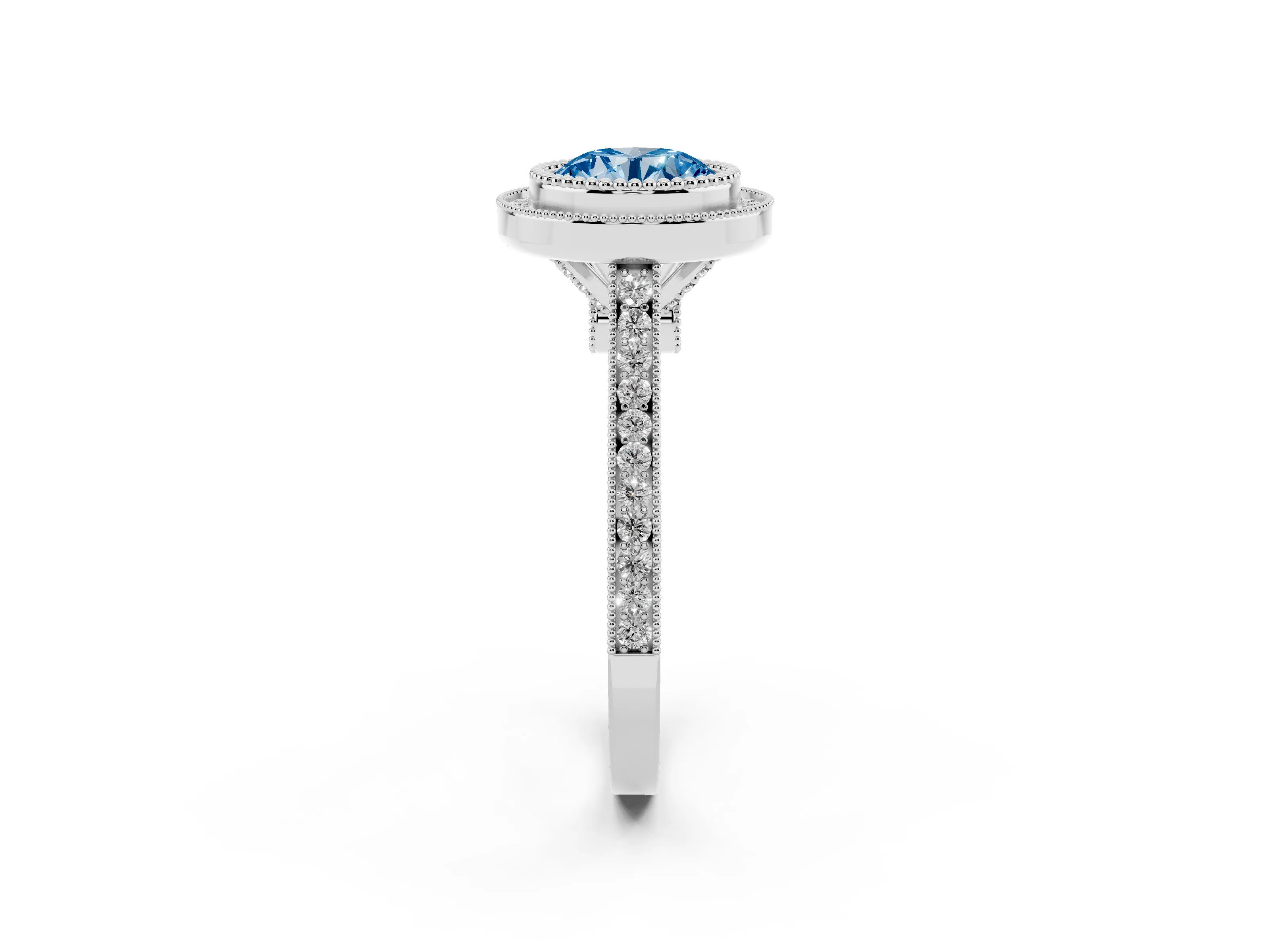 Fancy Blue Round Cut Diamond Halo Ring Set in Silver with Milgrain Frame and Pavé Band