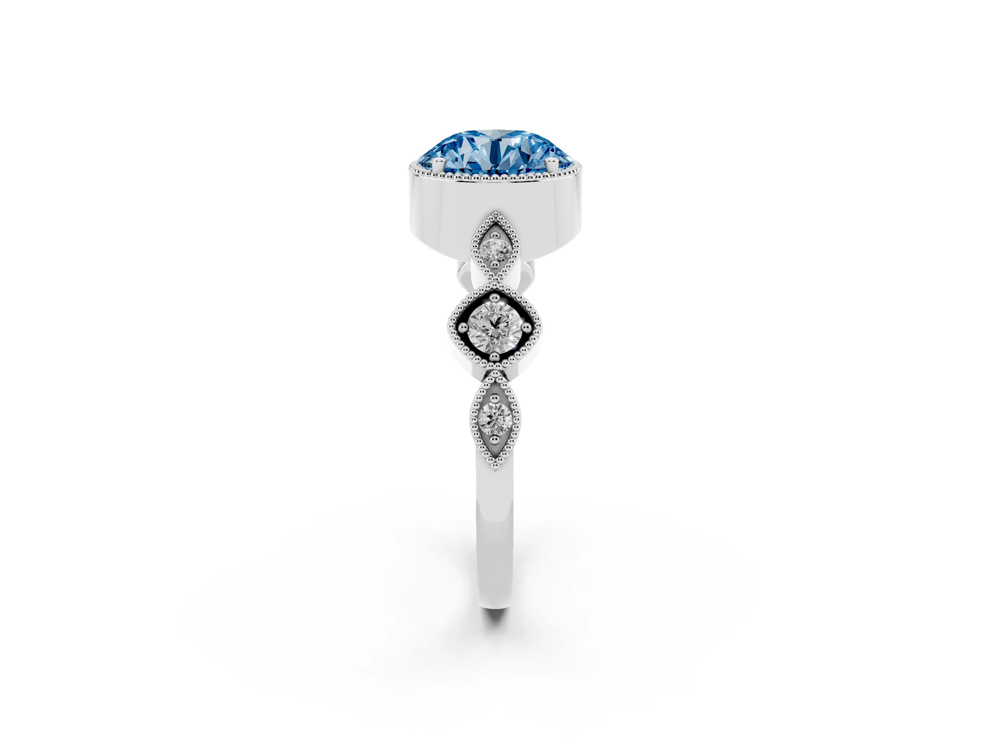 Fancy Blue Round Cut Diamond Vintage-Inspired Milgrain Ring Set in Platinum with Marquise Stations of Round Accents