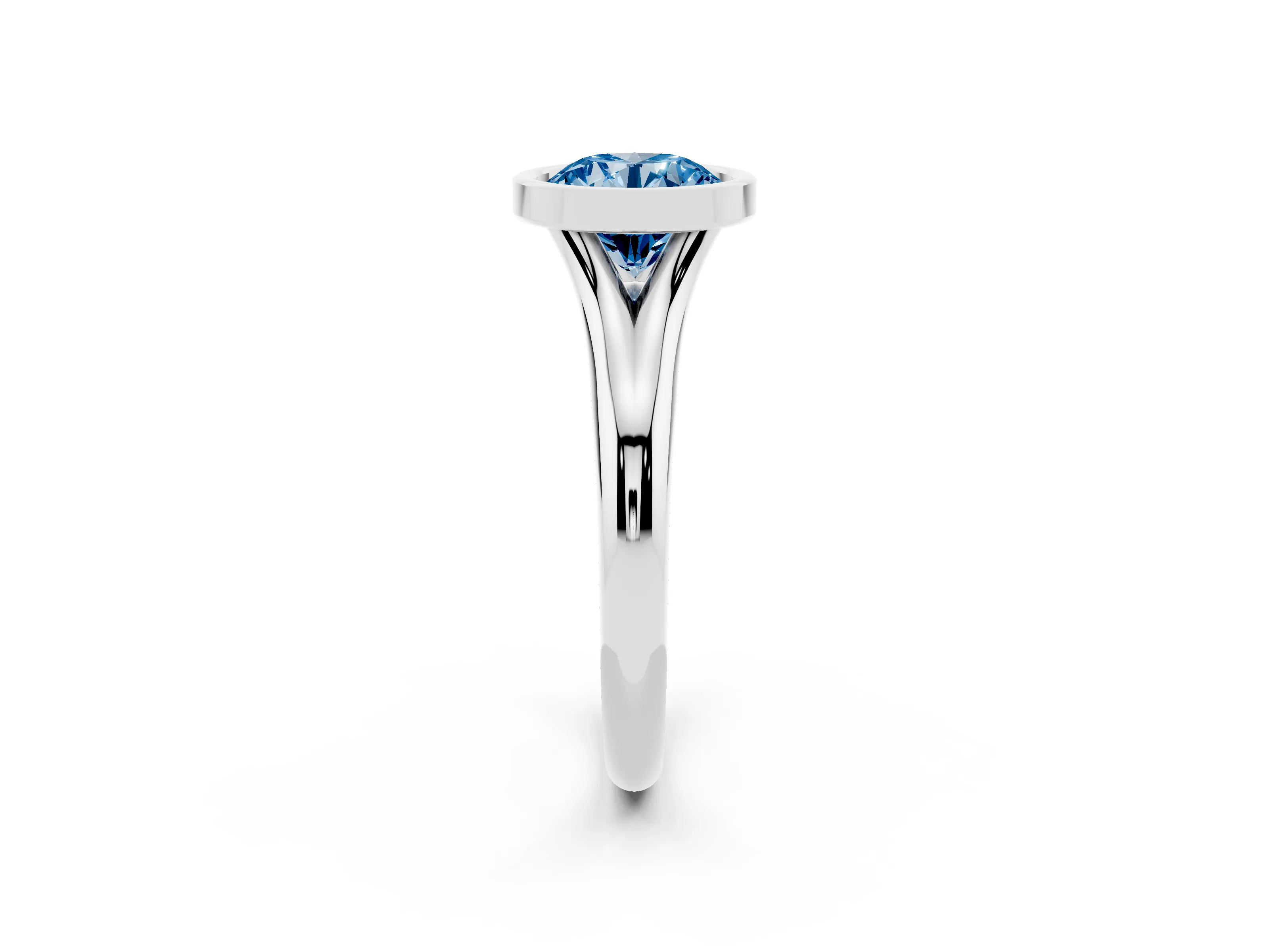 Fancy Blue Bezel Set Round Cut Diamond Solitaire Ring Set in Platinum with Smooth Band