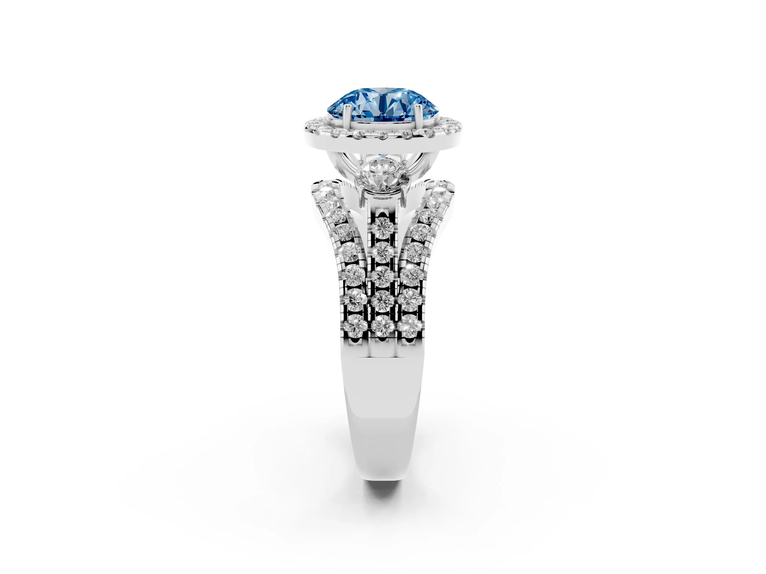 Fancy Blue Round Cut Diamond Halo Split Shank Ring Set in White gold with Round Accent Stones and Prong Setting