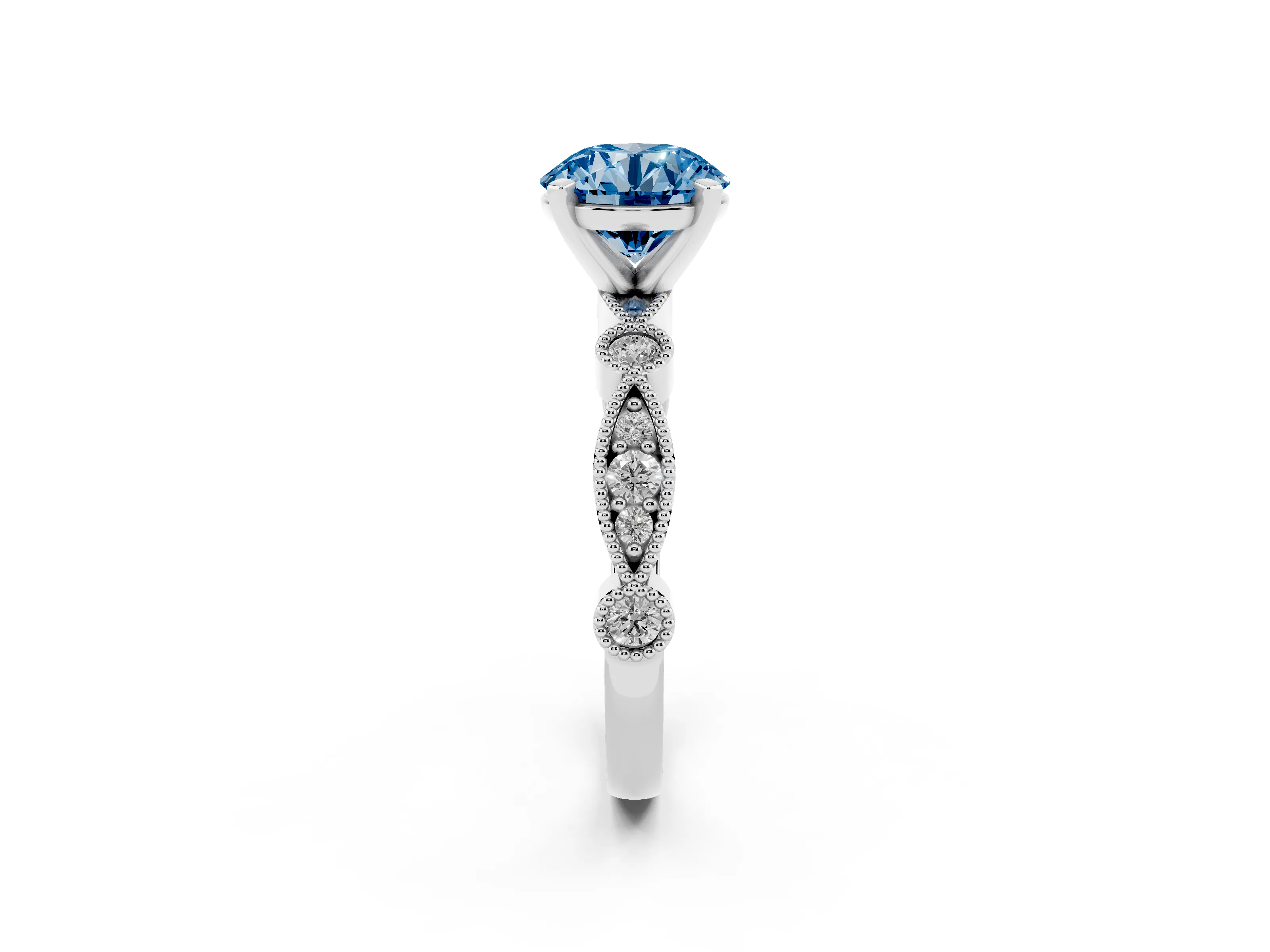 Fancy Blue Round Cut Diamond Solitaire Engagement Ring Set in Silver with Milgrain Bezel Accent Band