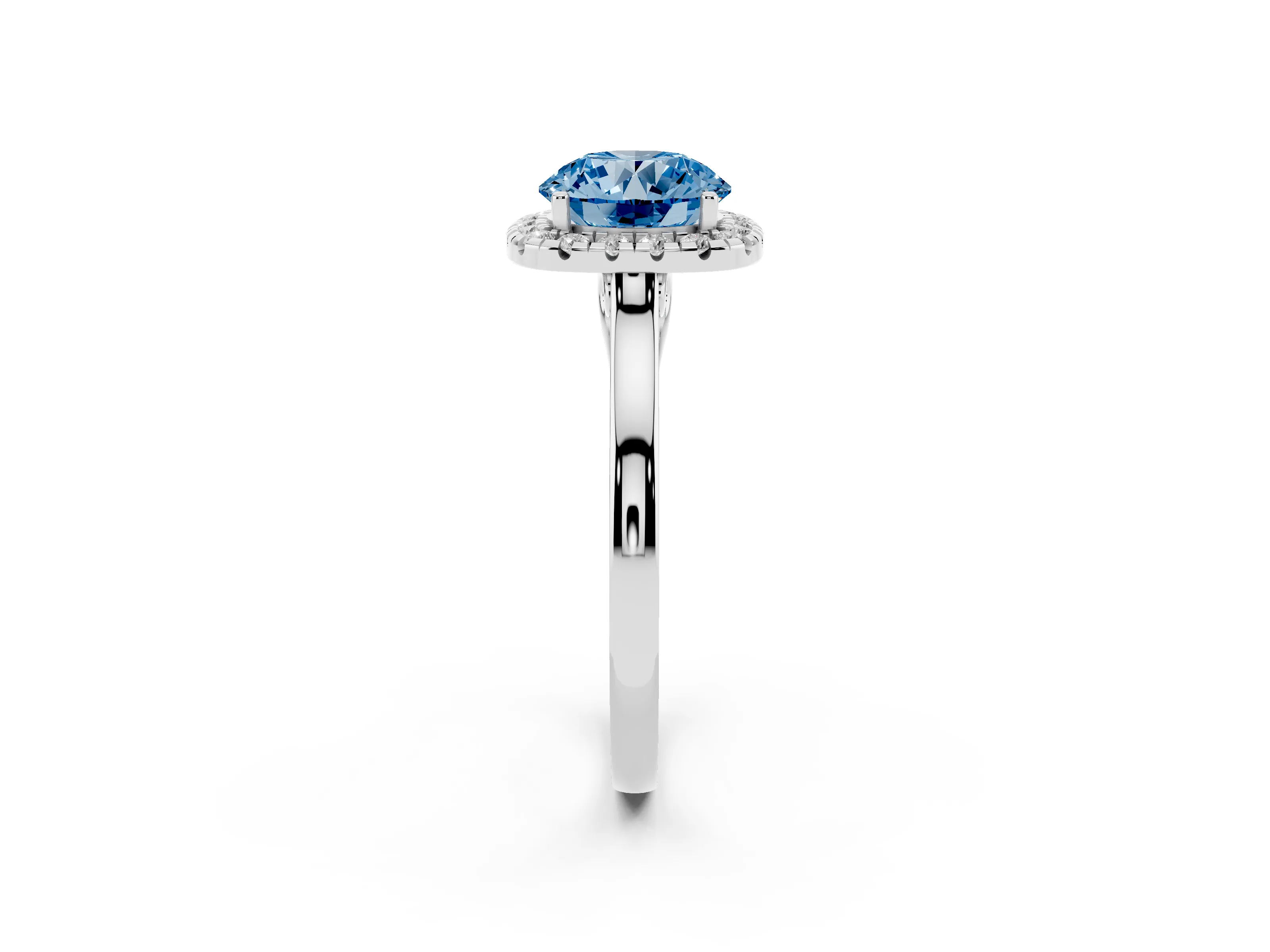 Fancy Blue Round Cut Halo Round Diamond Solitaire Ring Set in White gold with Pavé Band and Prong Setting