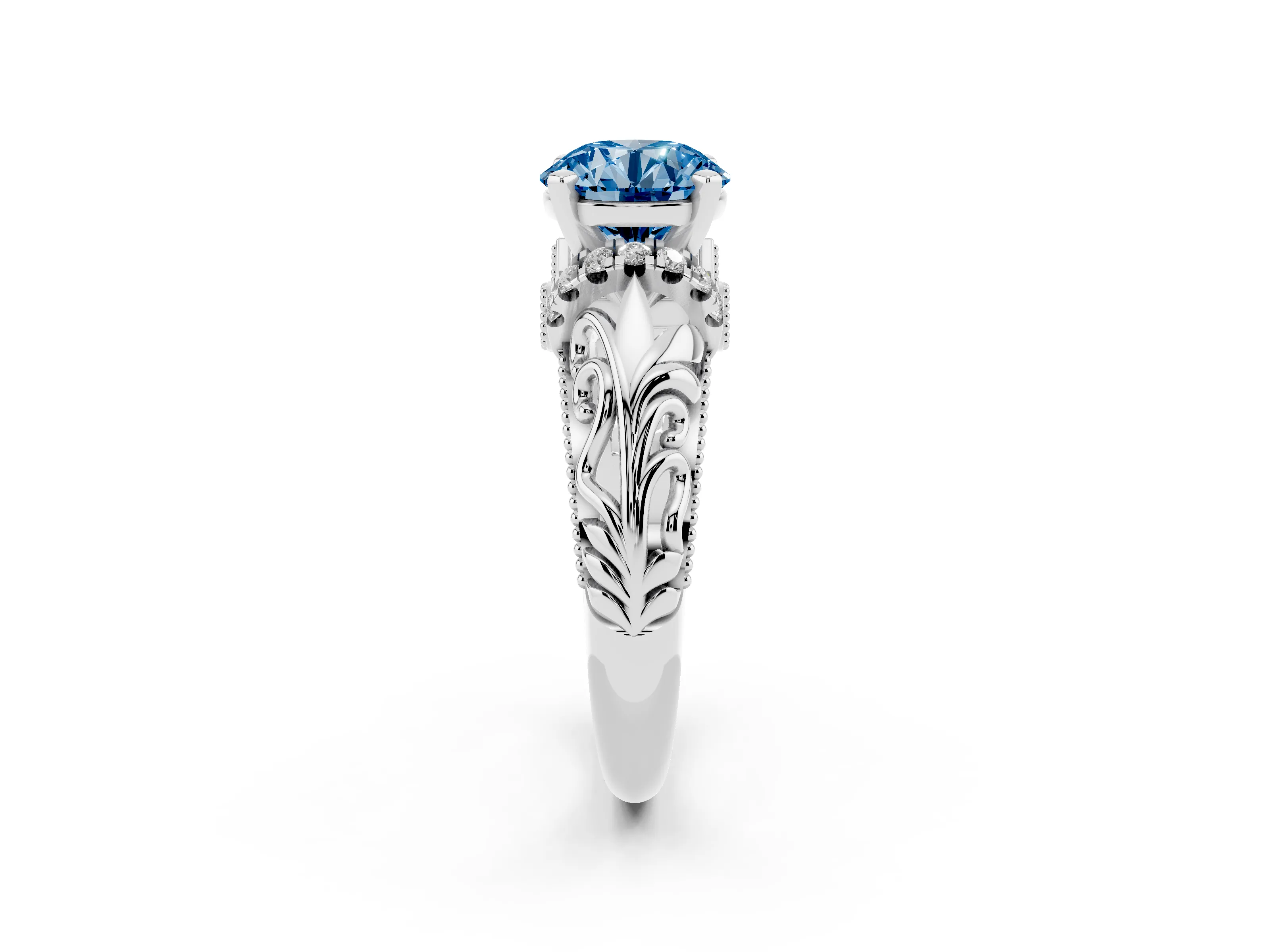 Fancy Blue Round Cut Diamond Filigree Halo Engagement Ring Set in Silver with Prong Setting