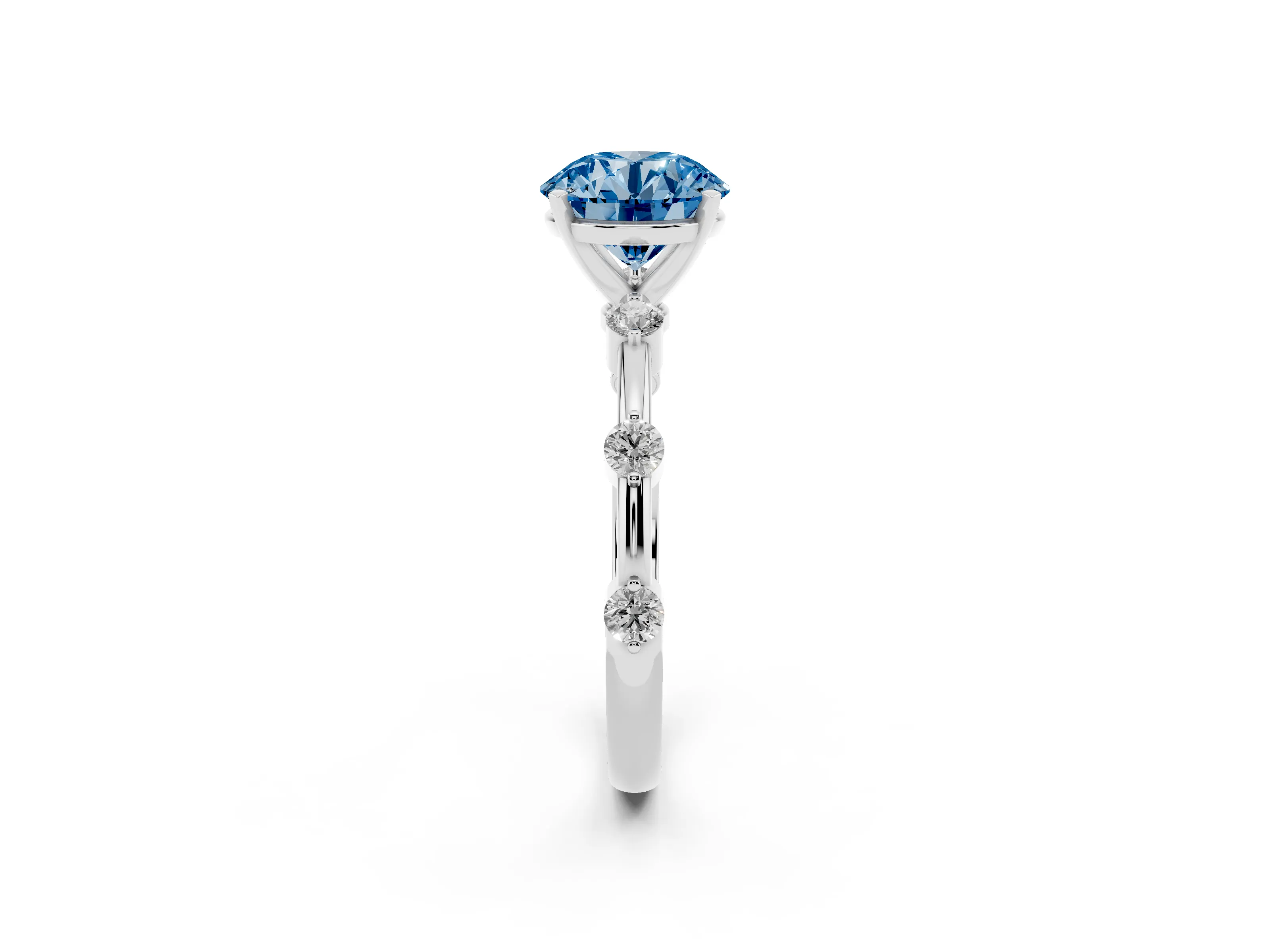 Fancy Blue Round Cut Diamond Solitaire Ring Set in Silver with Bezel Set Side Stones and Prong Setting