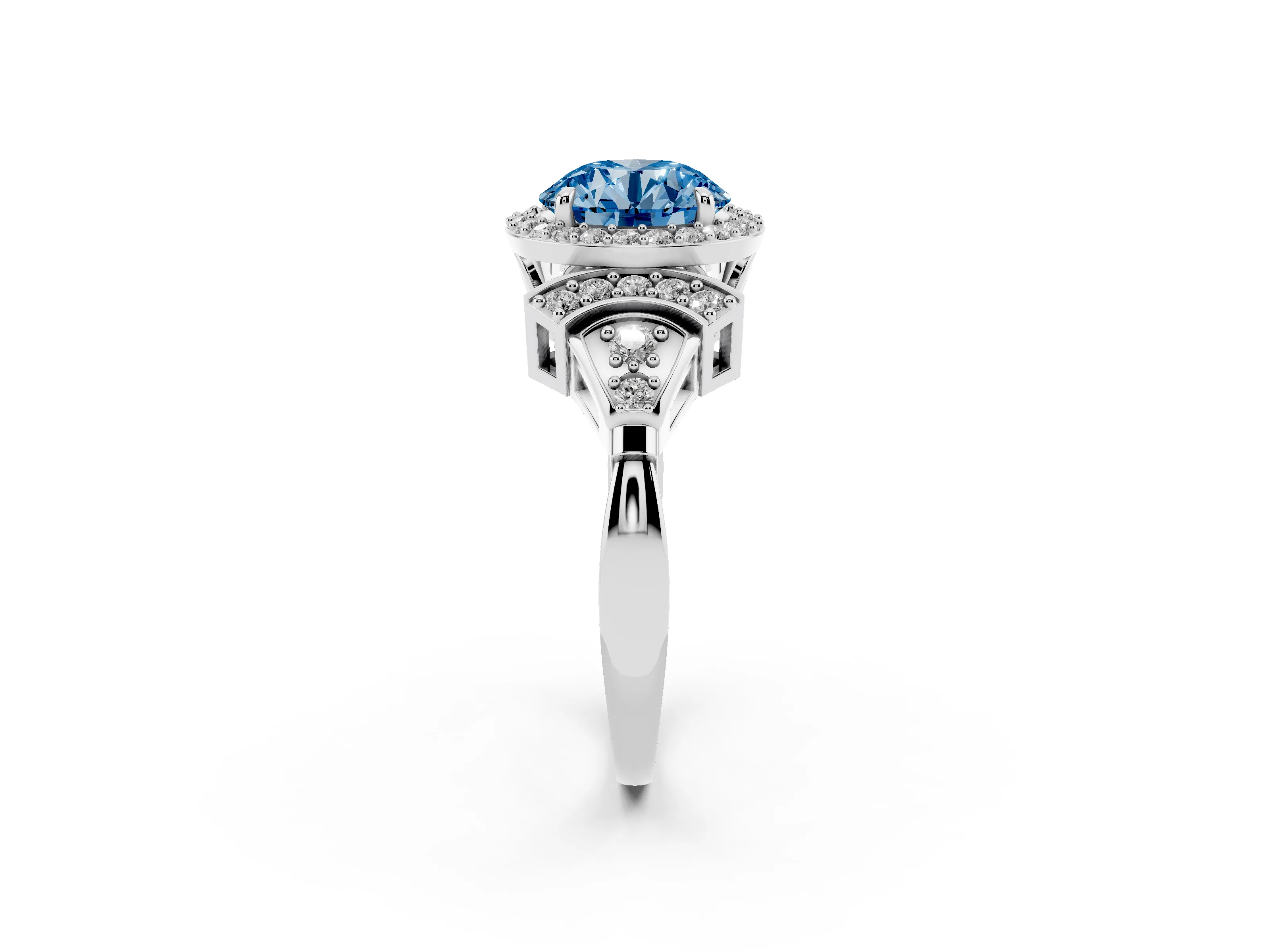 Fancy Blue Round Cut Diamond Halo Engagement Ring Set in Silver with Accent Stone Split Shank