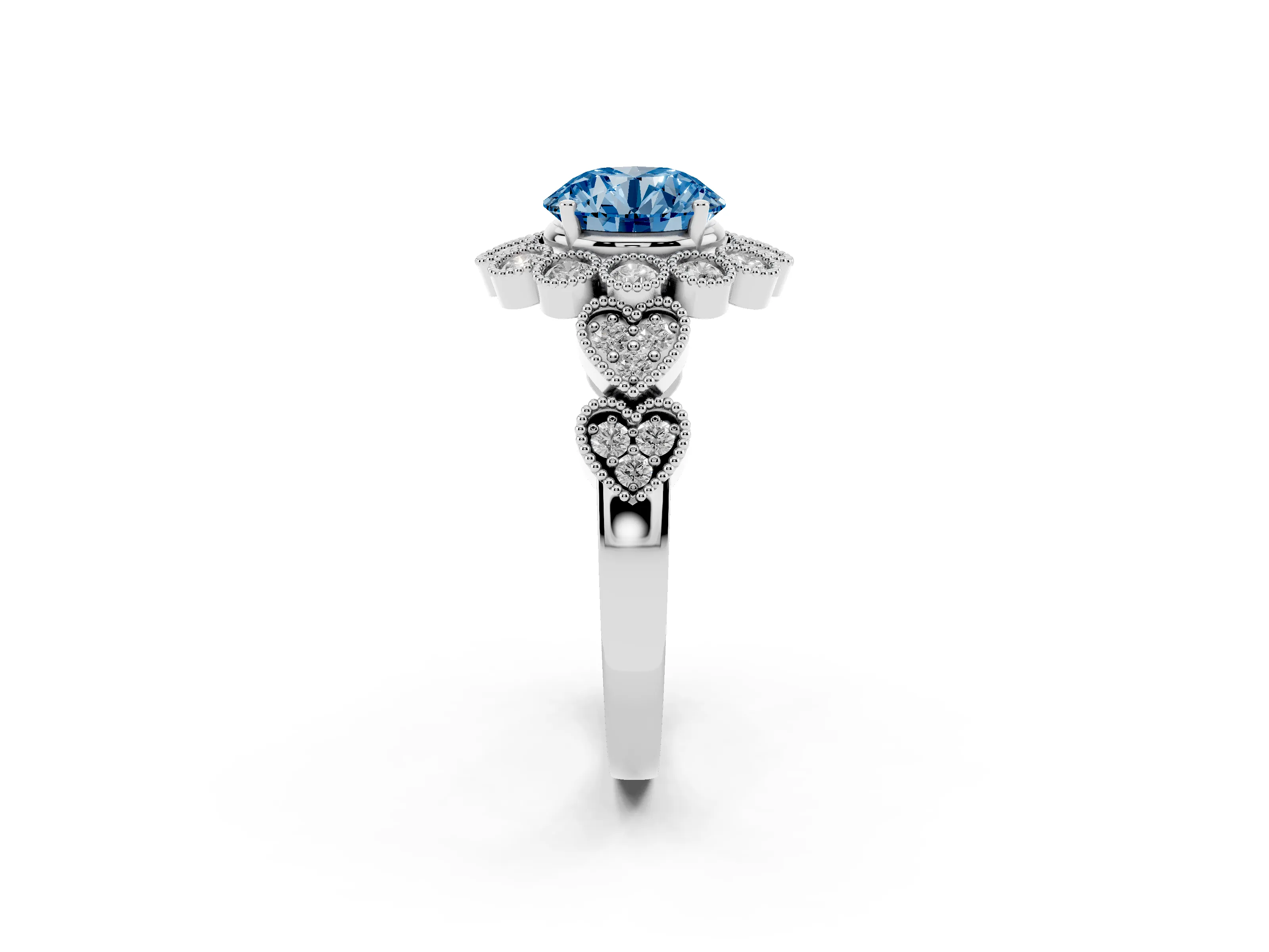 Fancy Blue Round Cut Diamond Solitaire Ring Set in Silver with Milgrain Pavé Heart Band