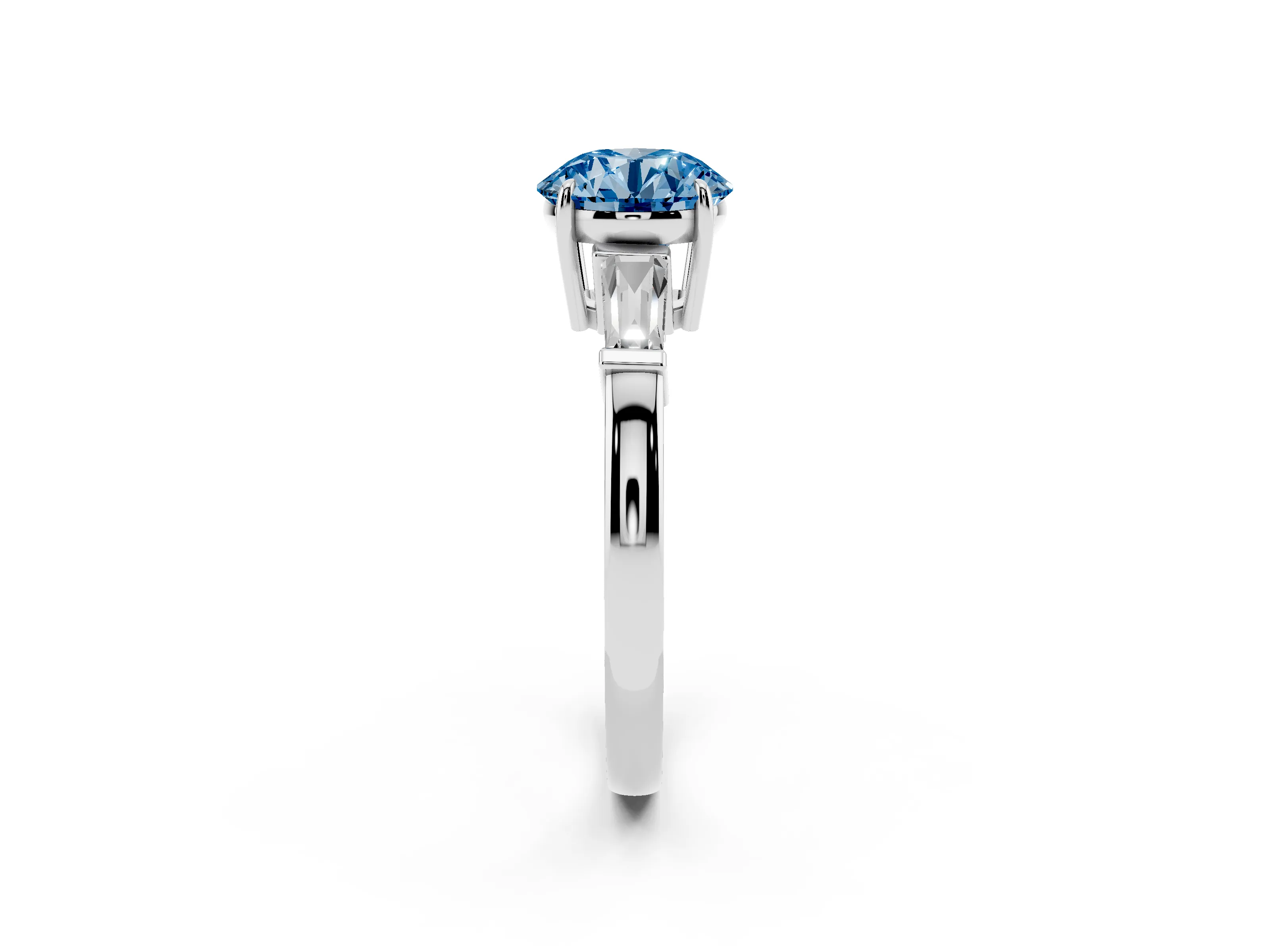 Fancy Blue Round Cut Diamond Three-Stone Ring Set in White gold with Tapered Baguette Side Stones and Prong Setting