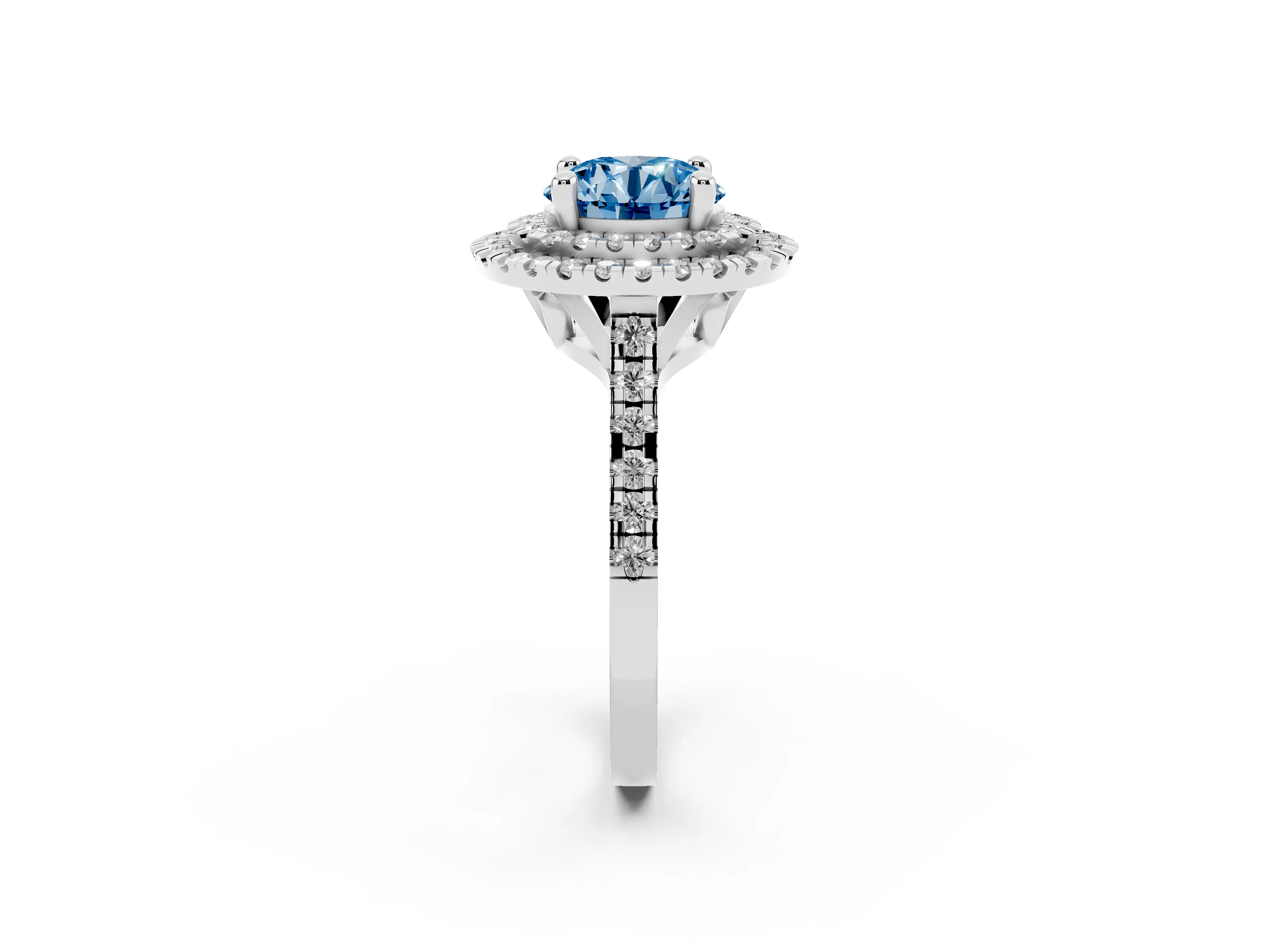 Fancy Blue Round Cut Diamond Double Halo Statement Ring Set in White gold with Pavé Band