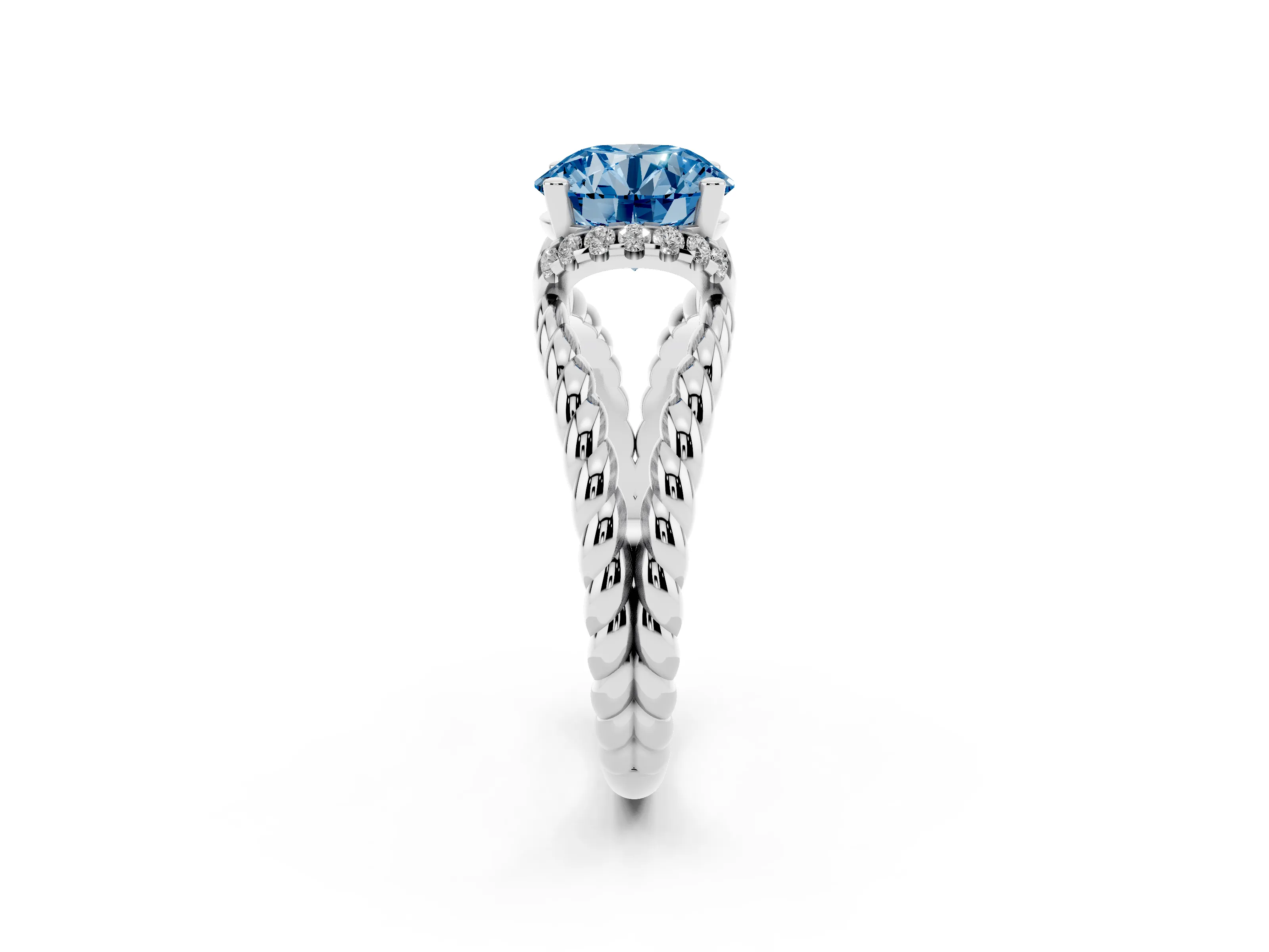 Fancy Blue Round Cut Diamond Halo Ring Set in Platinum with Twisted Band and Prong Setting