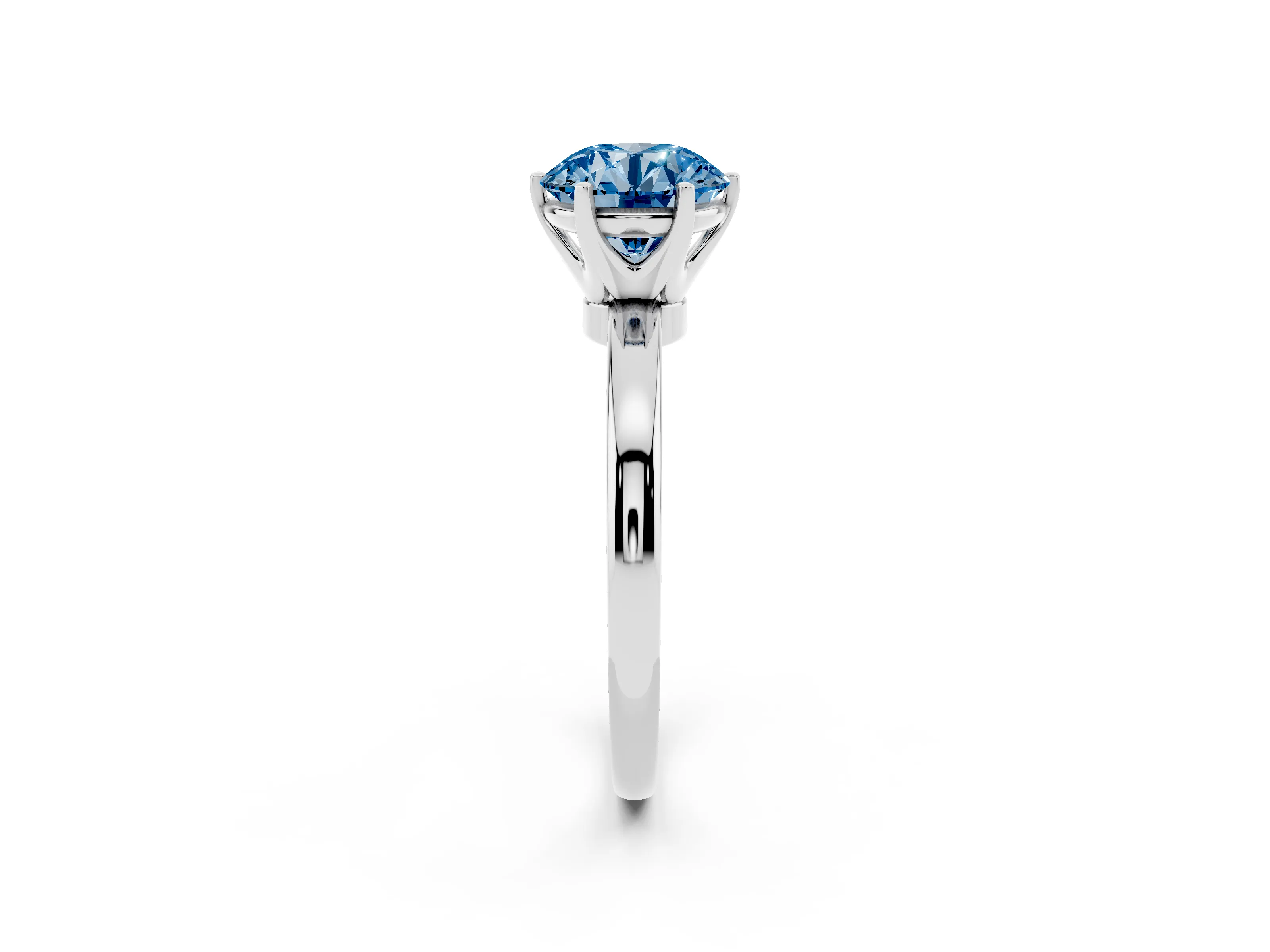 Fancy Blue Round Cut Diamond Solitaire Ring Set in White gold with Raised Prong Setting on a Classic Band