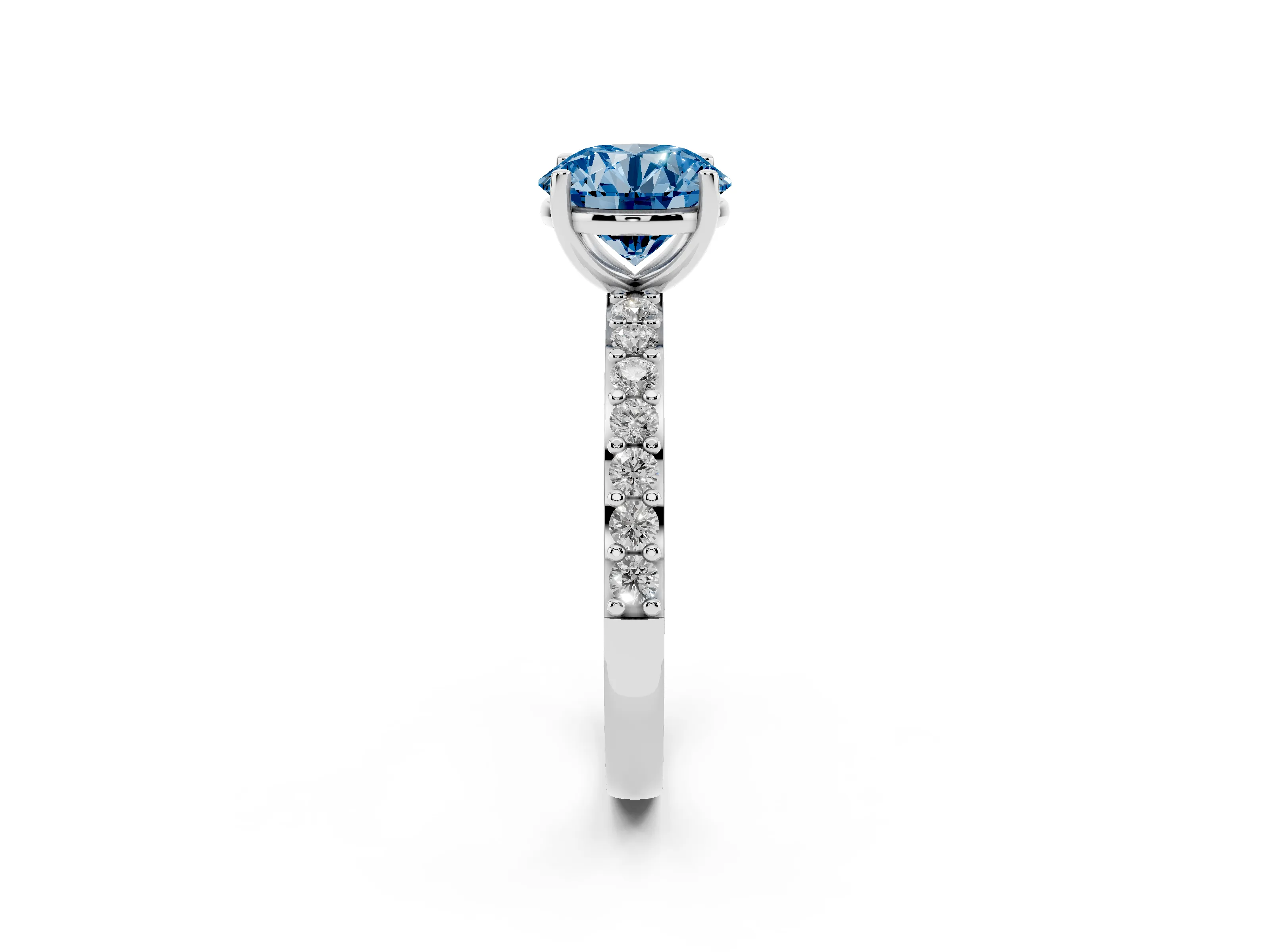 Fancy Blue Round Cut Diamond Solitaire Set in Silver with Round Pavé Band and Prong Setting