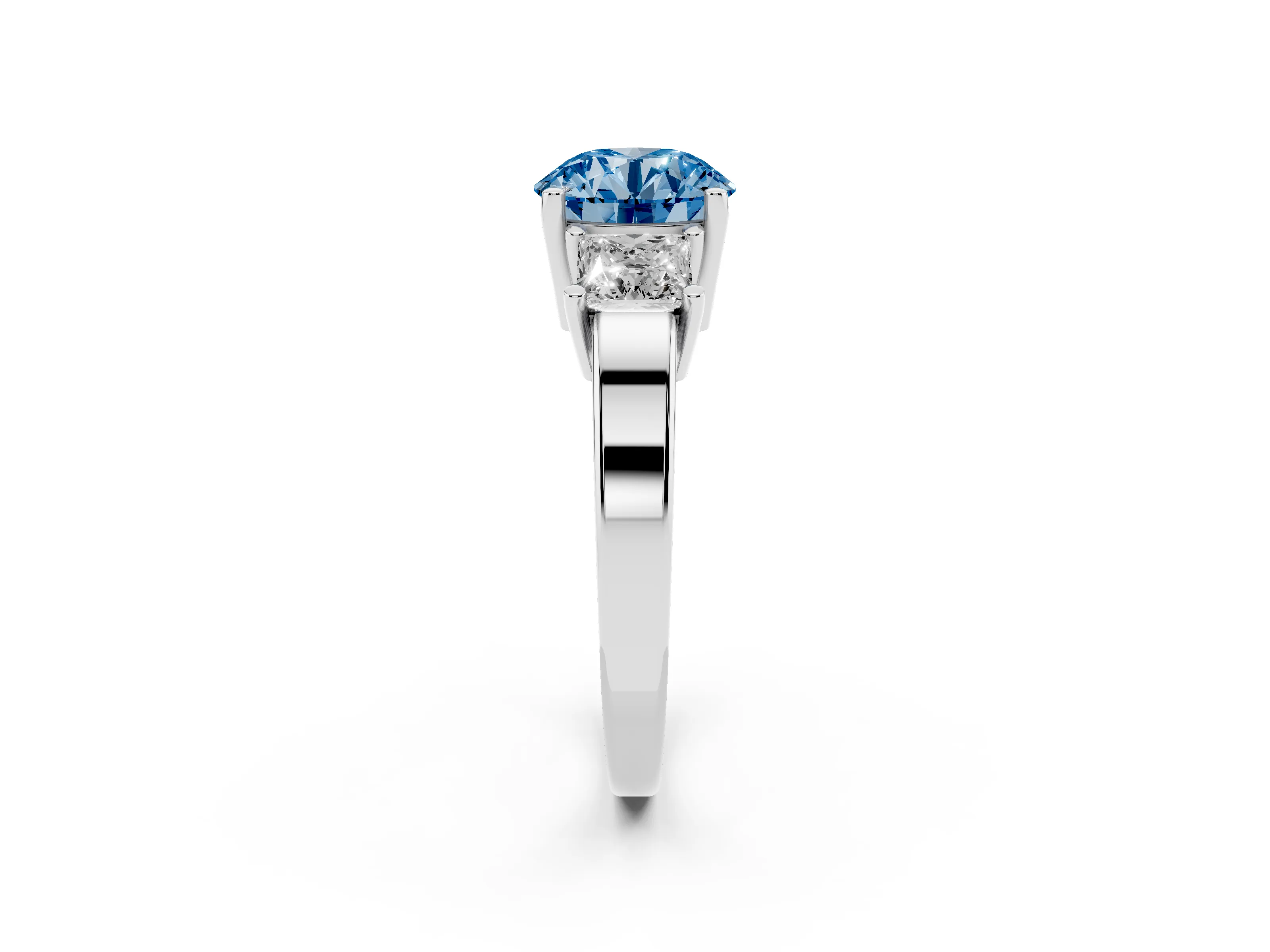 Fancy Blue Three-Stone Round Cut Diamond Solitaire Ring Set in Silver with Prong Setting