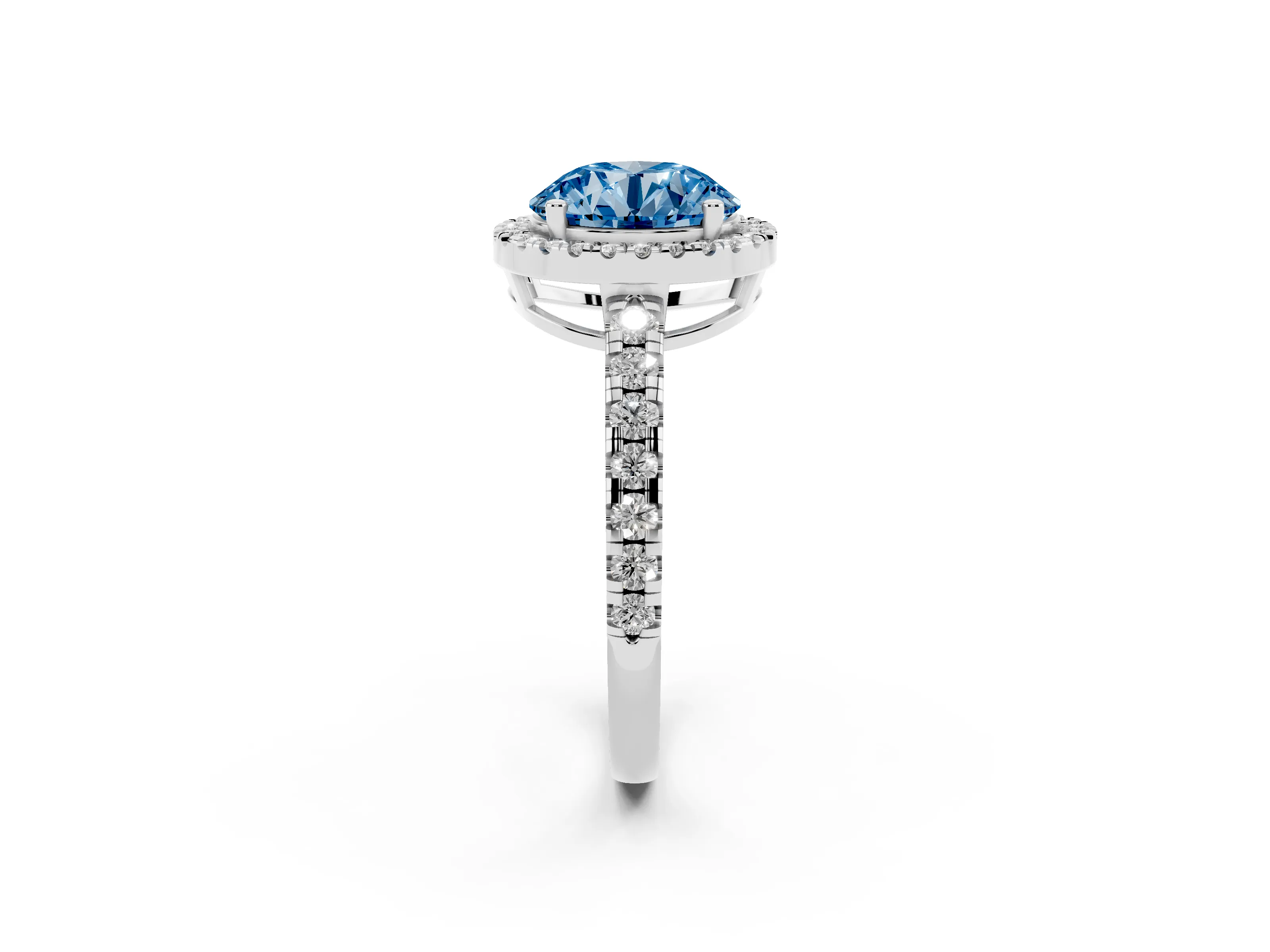 Fancy Blue Round Cut Diamond Halo Ring Set in Platinum with Delicate Pavé Band and Prong Setting