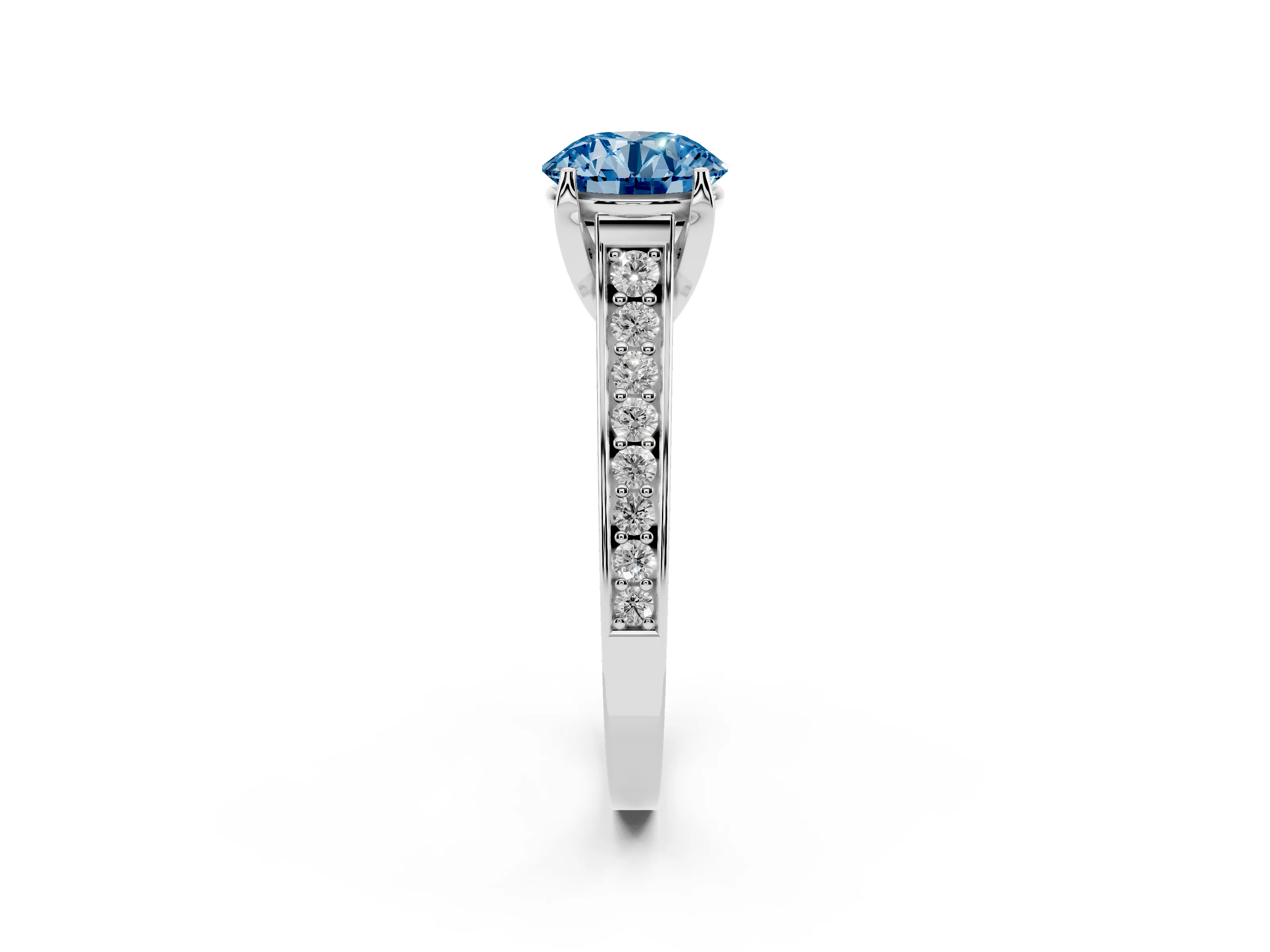 Fancy Blue Round Cut Diamond Solitaire Pavé Engagement Ring Set in Silver with Prong Setting