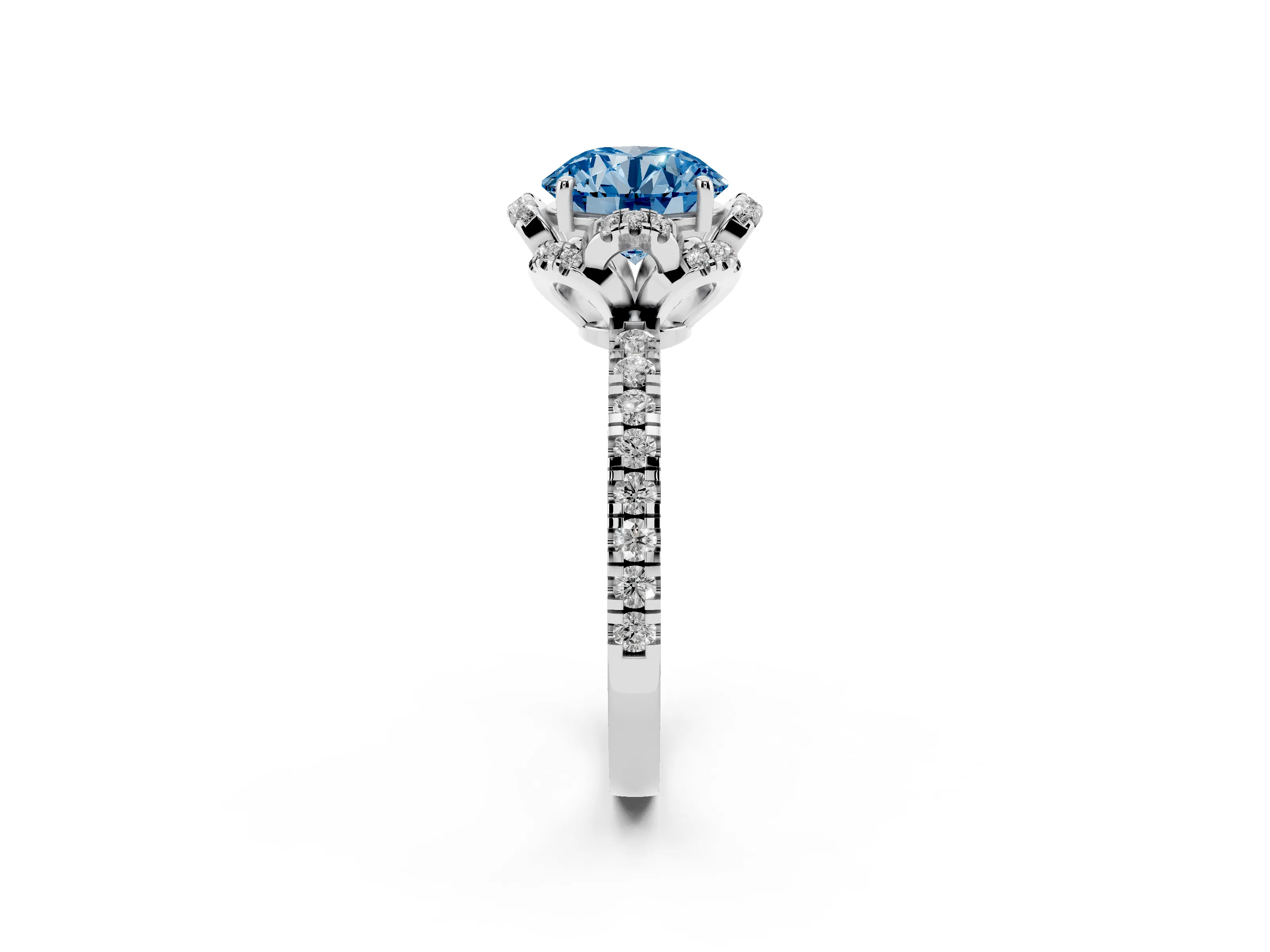 Fancy Blue Round Cut Diamond Halo Pavé Band Ring Set in Platinum with Prong-Held Center