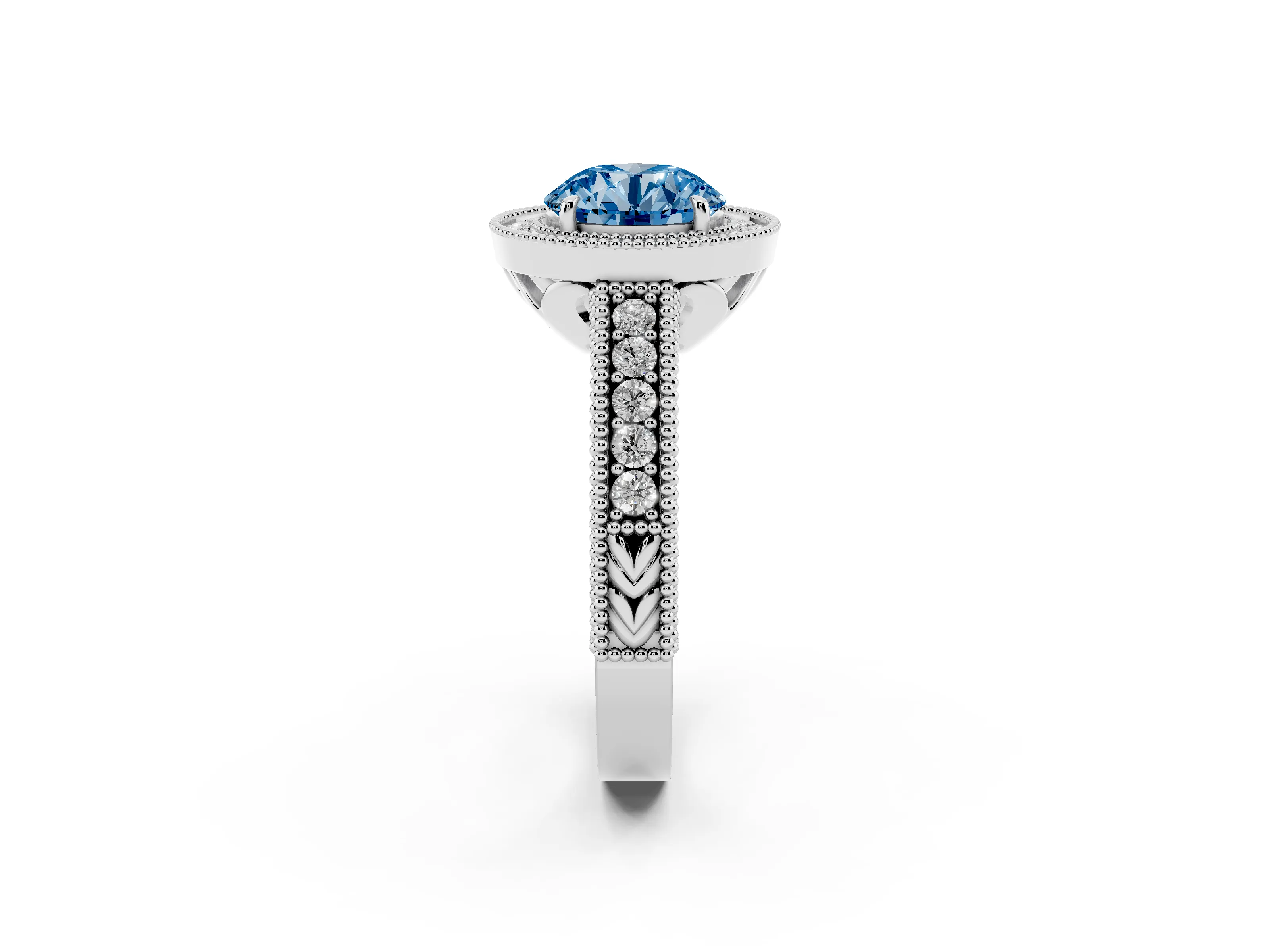 Fancy Blue Round Cut Diamond Halo Ring Set in Platinum with Round Accent Halo, Pavé Band and Prong Setting