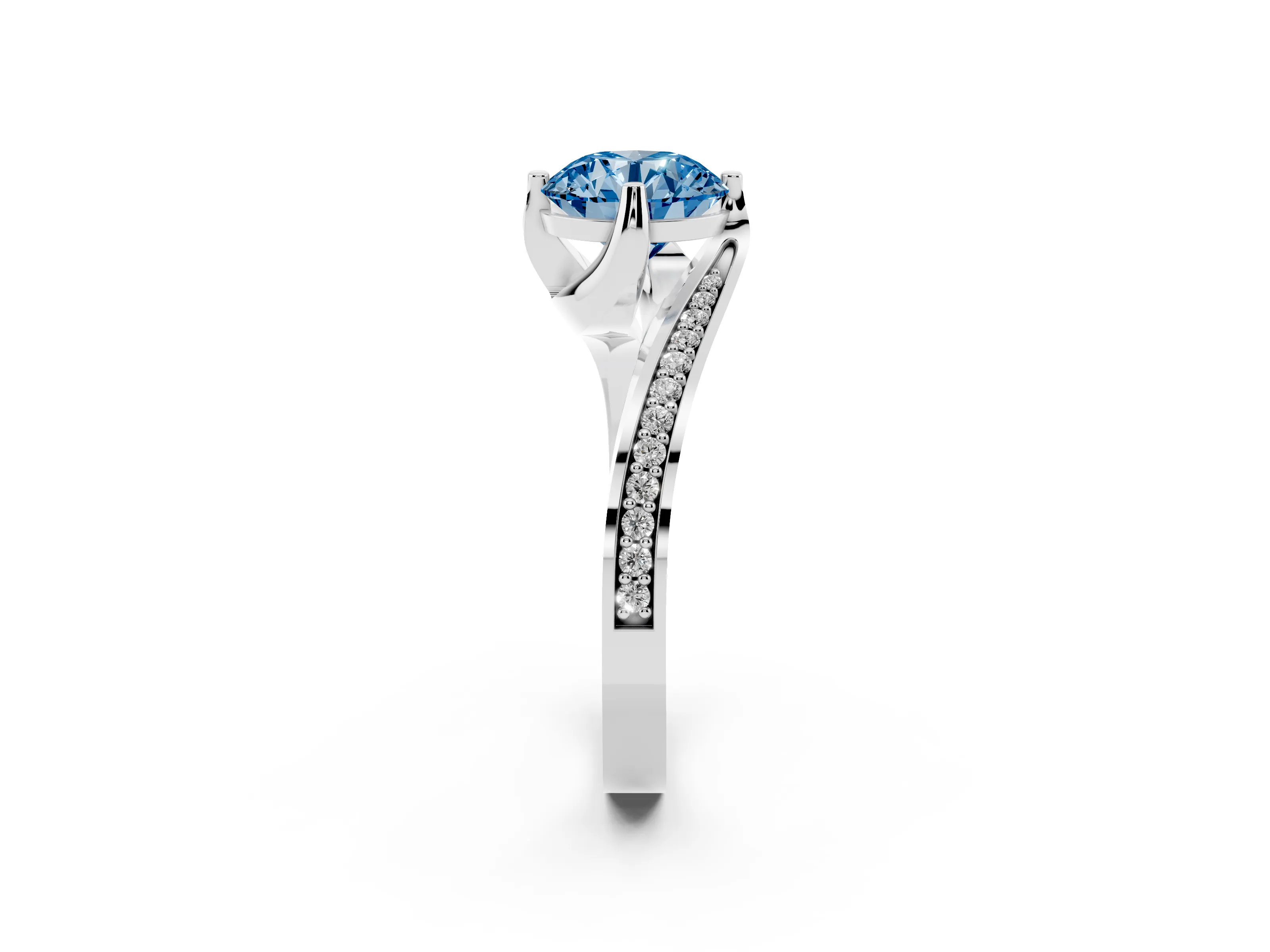 Fancy Blue Round Cut Diamond Solitaire Ring Set in White gold with Intertwined Pavé Twist Band