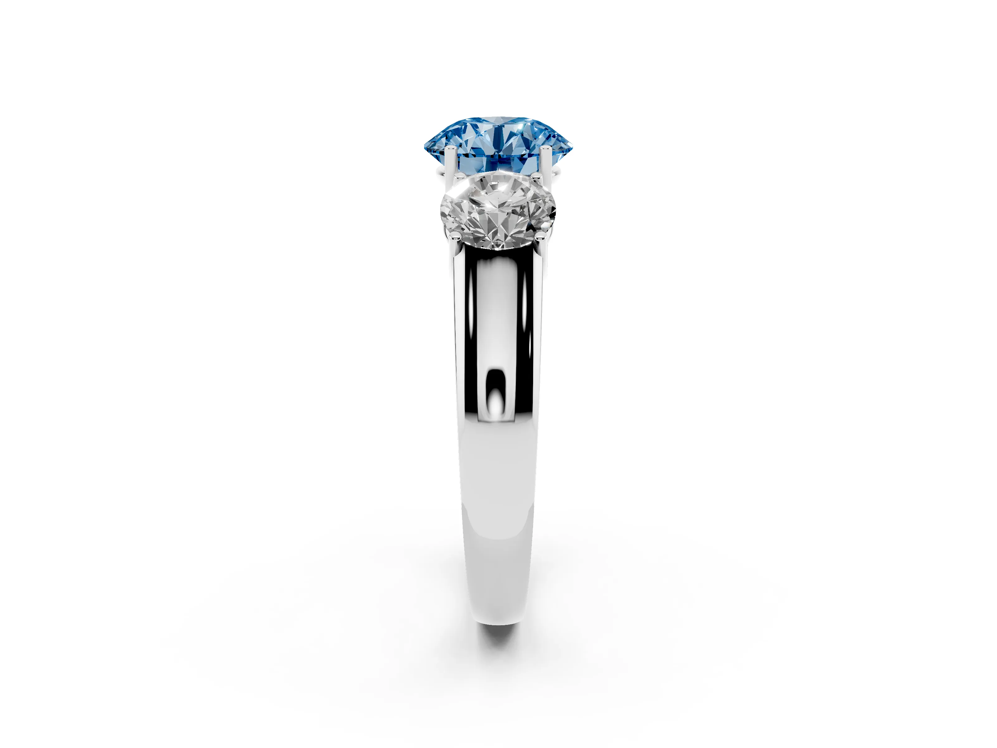 Fancy Blue Three-Stone Round Cut Diamond Ring Set in Silver with Matching Prong Settings and Plain Band