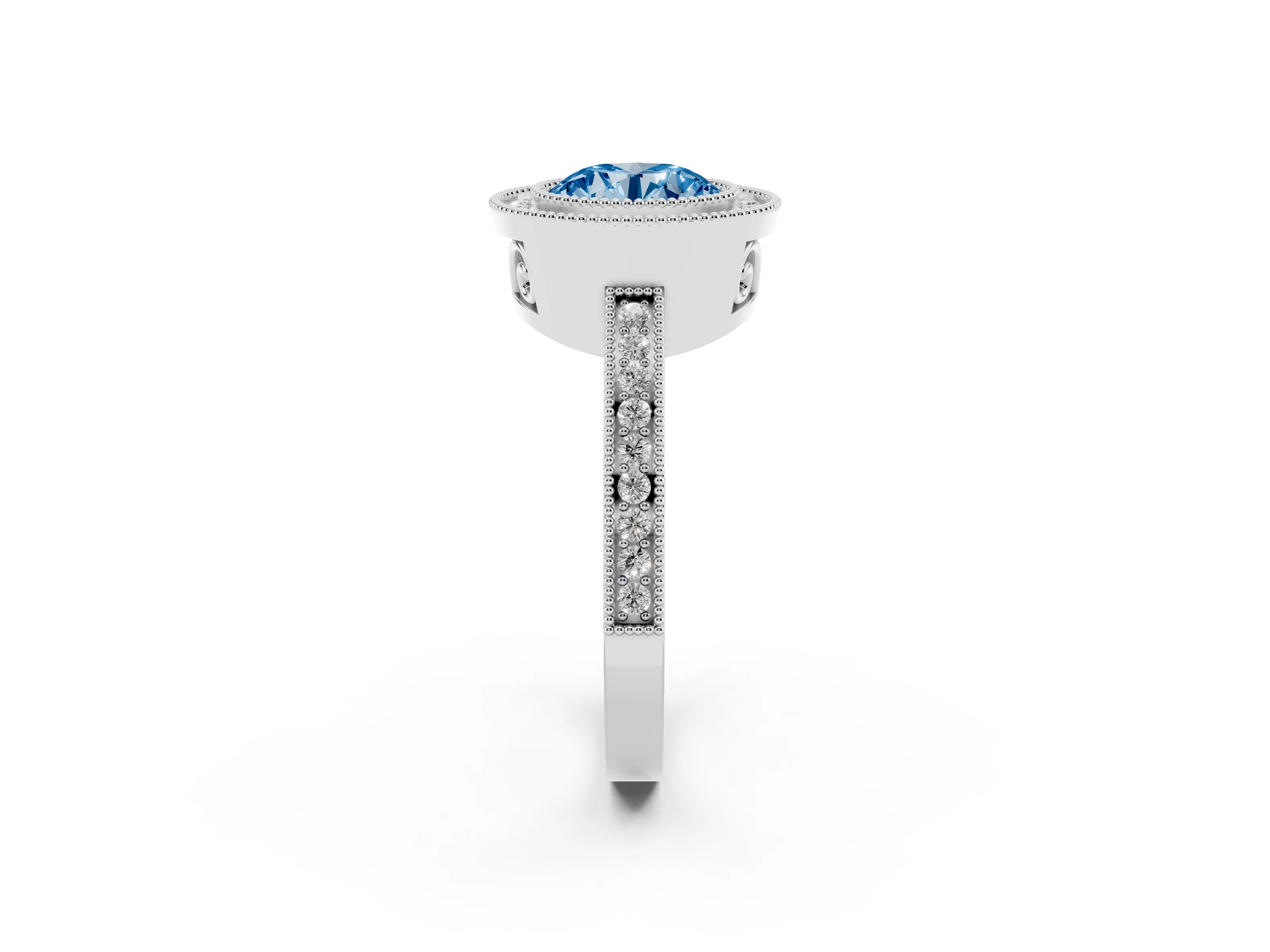 Fancy Blue Round Cut Diamond Halo Ring Set in White gold with Pavé Band and Milgrain-Edged Prongs