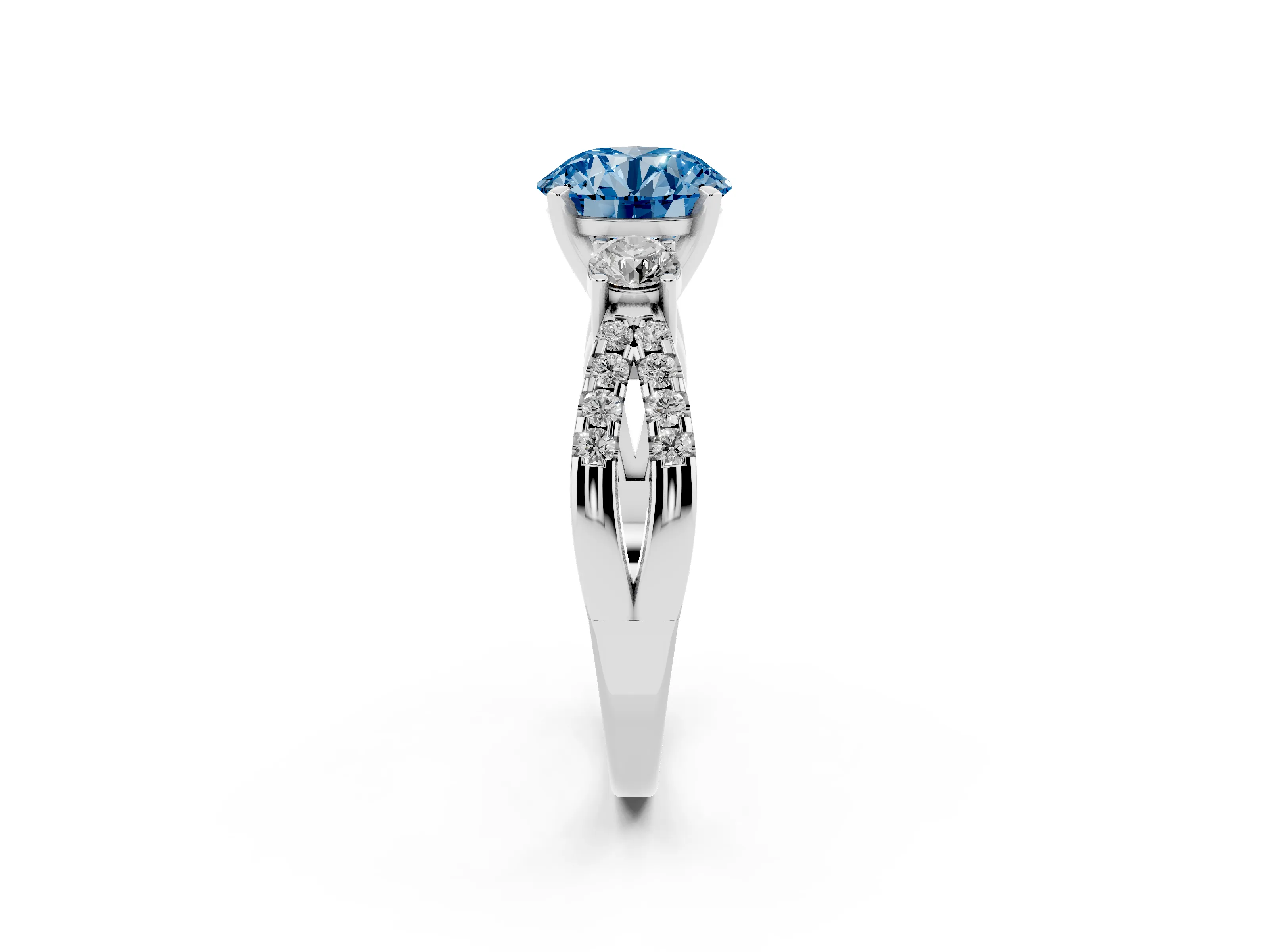 Fancy Blue Round Cut Diamond Three-Stone Ring Set in Silver with Pavé Split Shank and Prong Setting