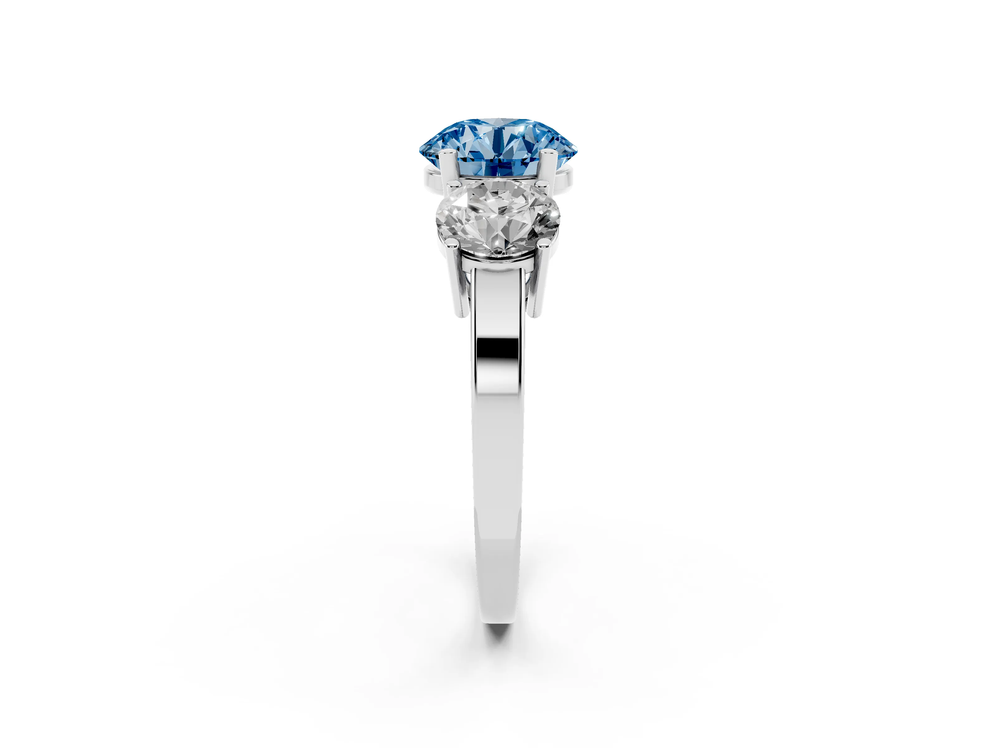 Fancy Blue Round Cut Diamond Three-Stone Engagement Ring Set in Silver with Flat Band